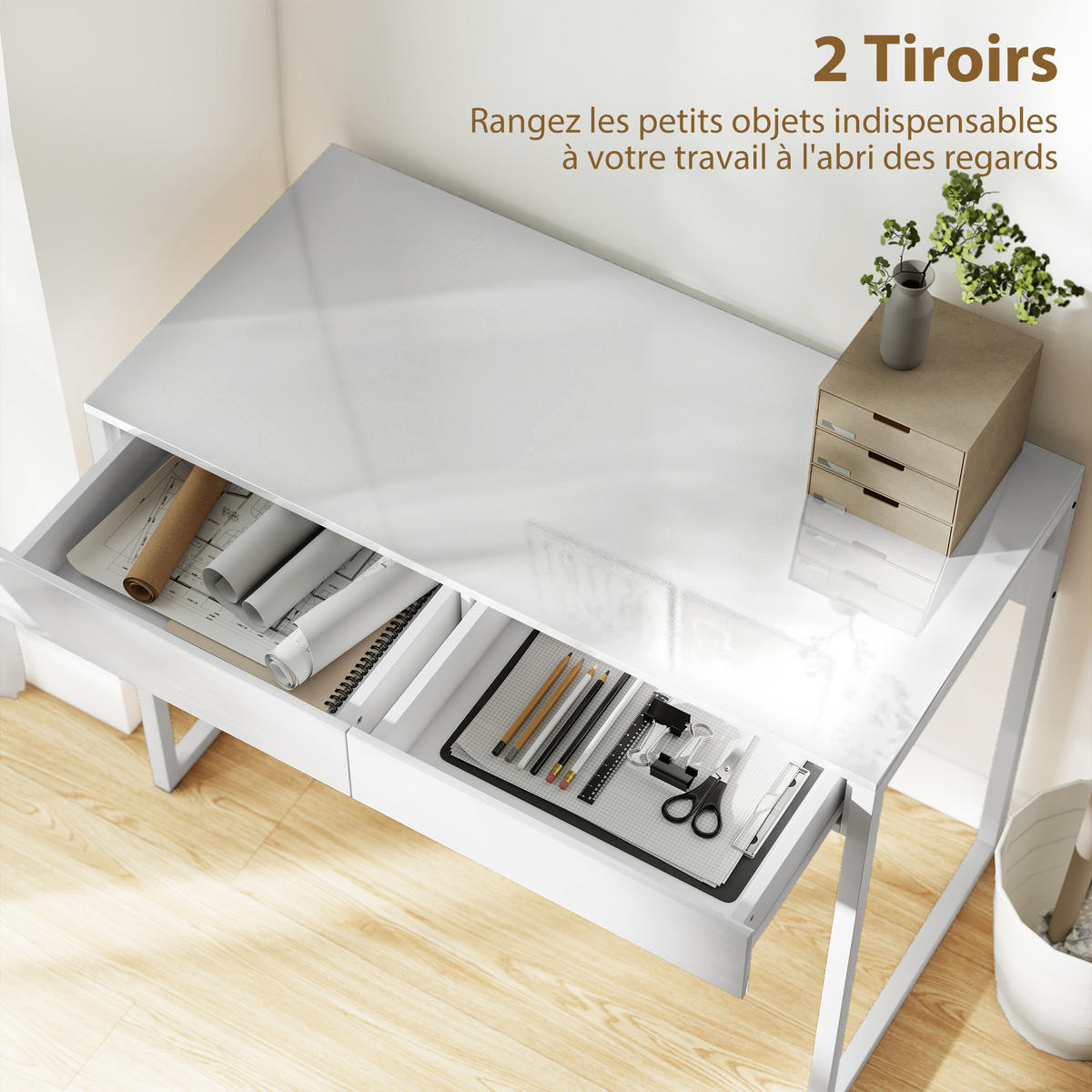 SCHREIBTISCH DE-14909 2 Schubladen mit Hochglanz-Finish Weiß - Weiß, Metall (100/50/75cm) - ComfortXL