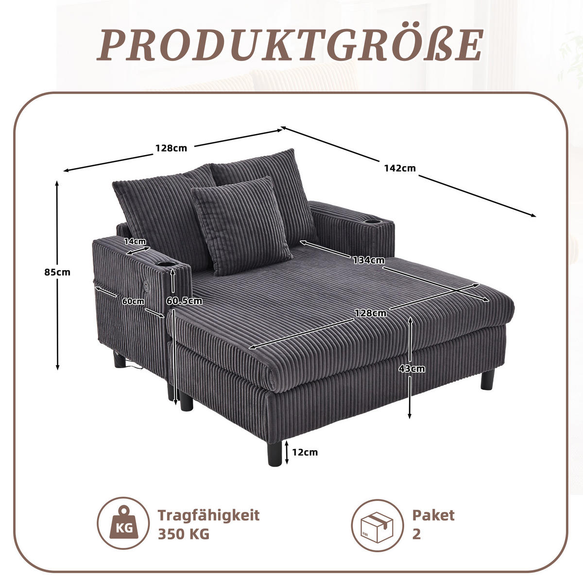 SCHLAFSESSEL Relaxsessel 142 x 128 x 85 cm Corduroy Dark Gray - Dunkelgrau, Holz (128/85/142cm) - Meubliv