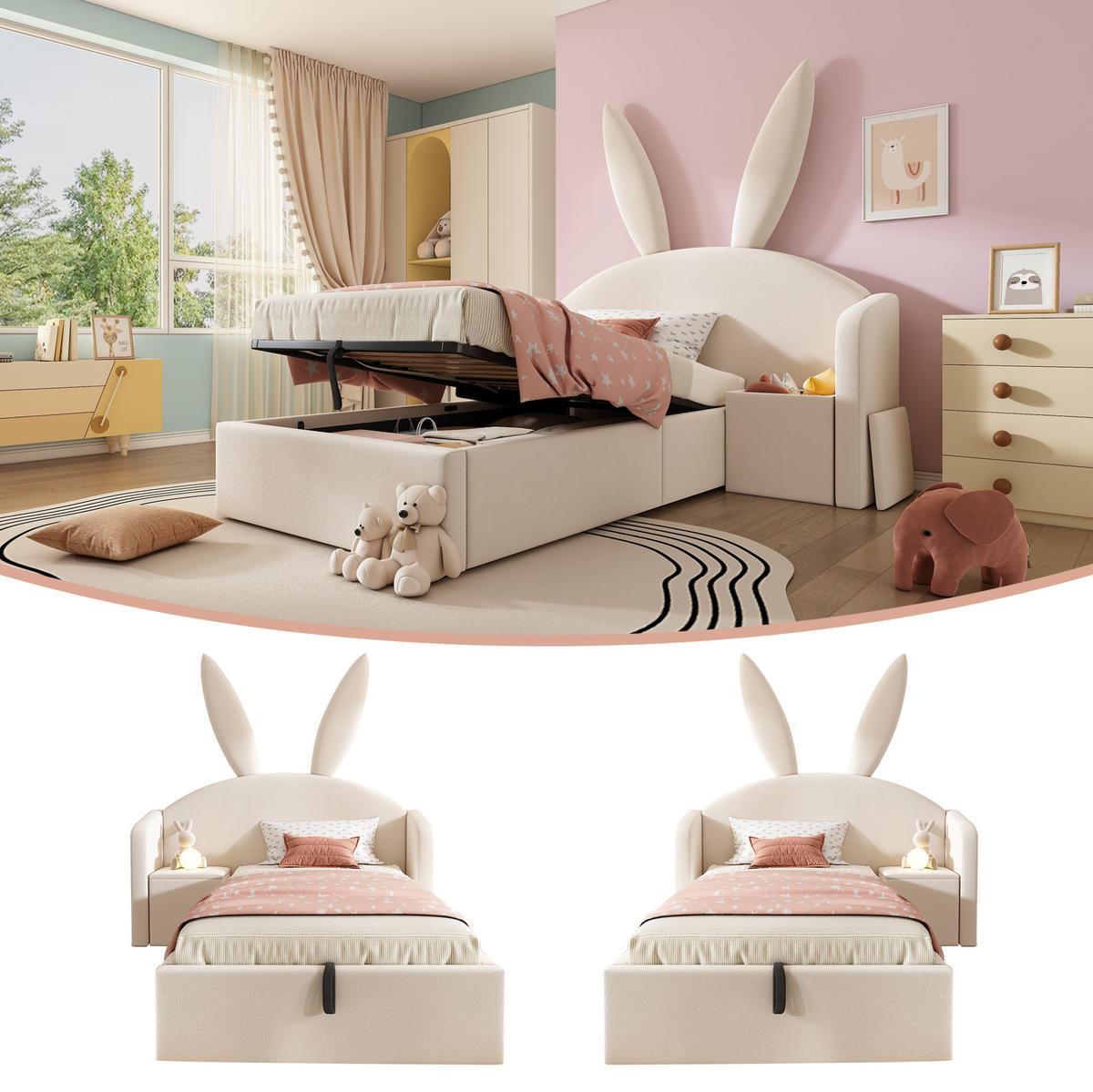 POLSTERBETT 90/200 cm Beige aus Samt mit Bettkasten und Nachttisch - Beige, Textil (90/200cm) - OKMYHOME