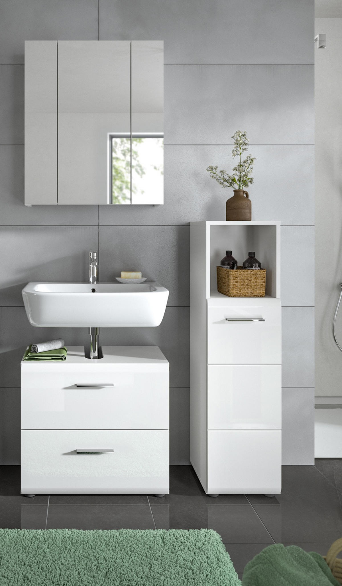 BADMÖBEL-SET 3-teilig weiß Hochglanz, Badkombination mit Spiegelschrank - Weiß Hochglanz/Silberfarben, Glas/Holzwerkstoff (105/185/30cm) - Inn.Furn