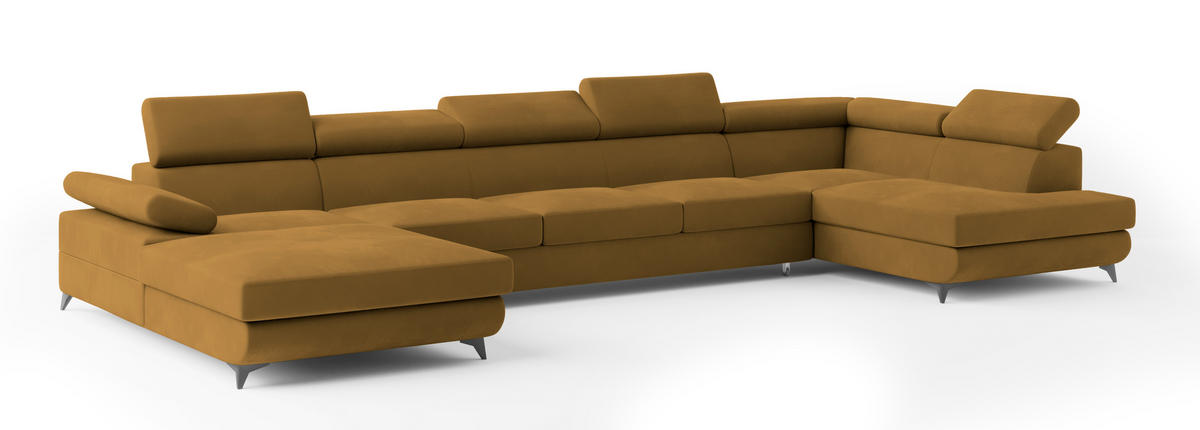 WOHNLANDSCHAFT MONTIVA Gelb Velours-Stoff mit Schlaffunktion - Gelb, Holz (410/89/190cm) - MASSENO