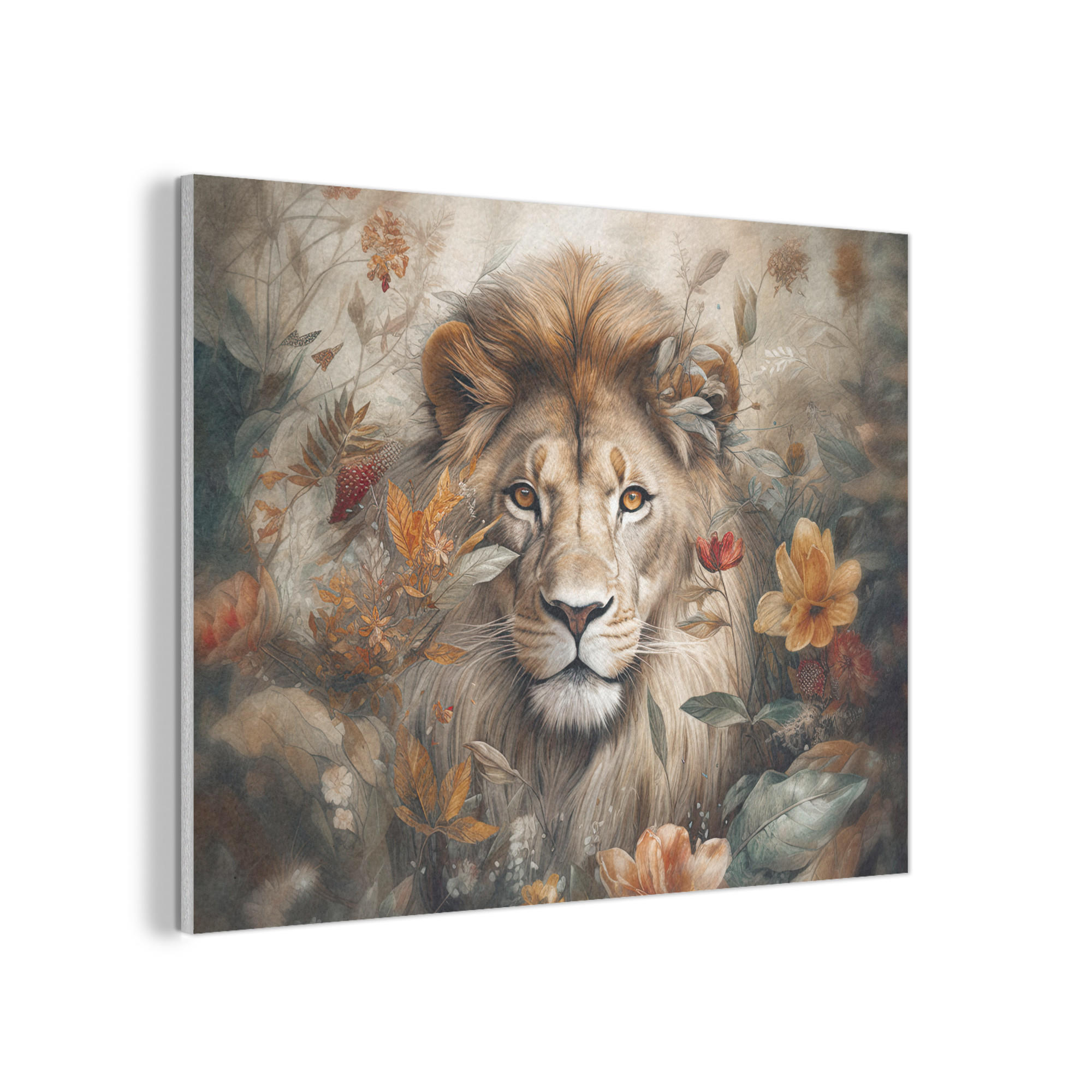 AKUSTIKPANEEL Löwe - Wildtiere - Pflanzen - Natur - Blumen 80x60 cm - Beige, Textil (80/0.9/60cm) - MuchoWow