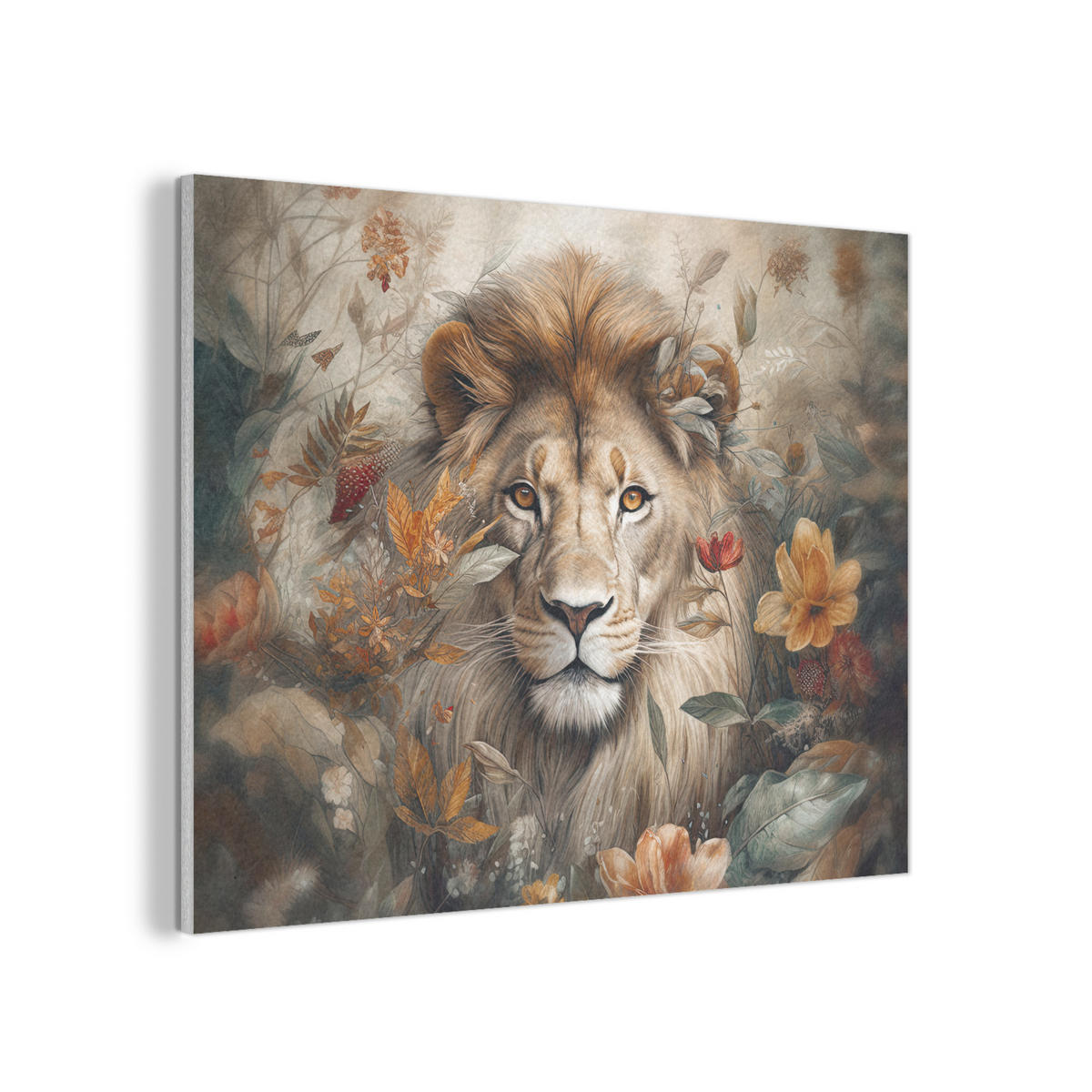 AKUSTIKPANEEL Löwe - Wildtiere - Pflanzen - Natur - Blumen 80x60 cm - Beige, Textil (80/0.9/60cm) - MuchoWow