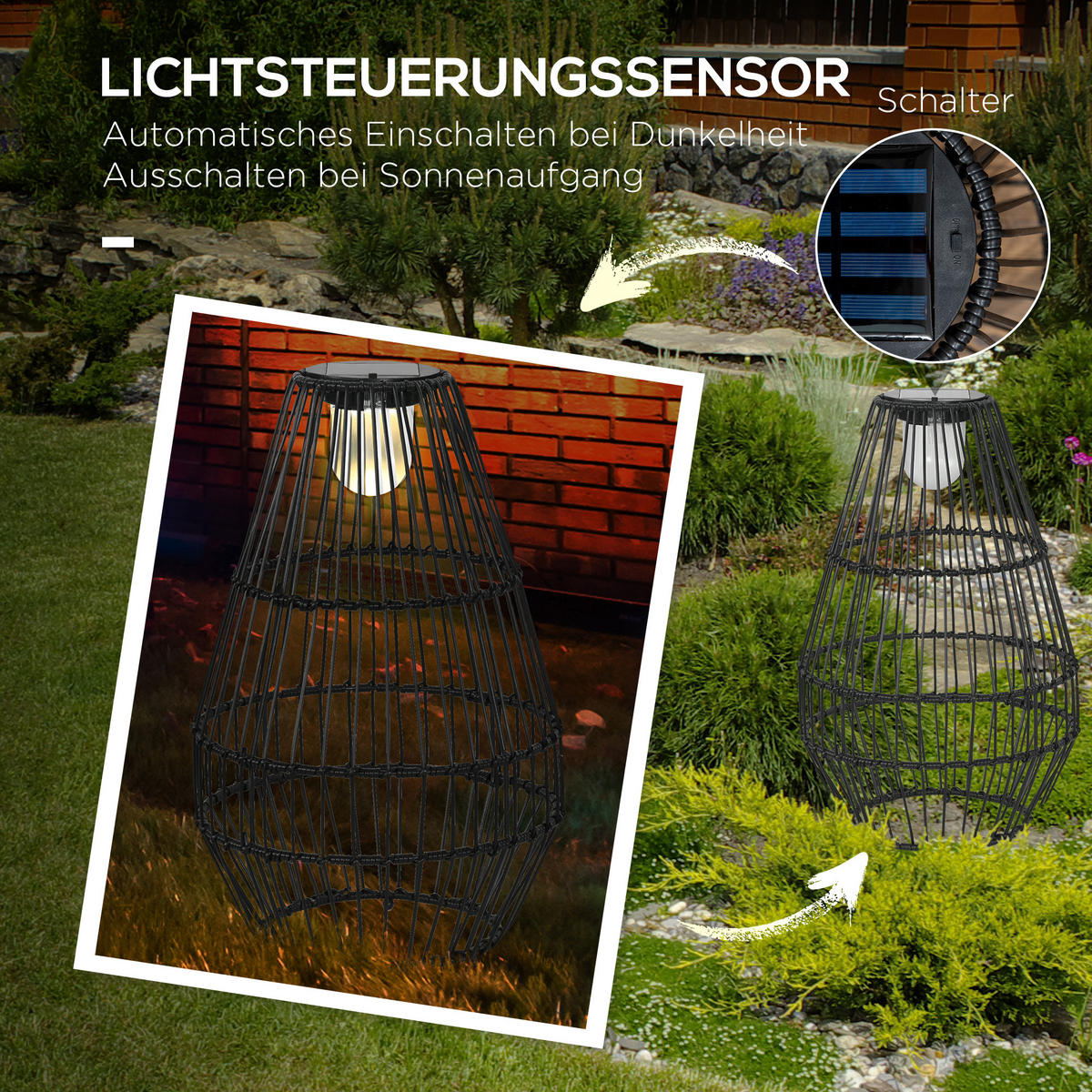 SOLARLEUCHTE, für Balkon, Terrasse, Hof, Stahl, Schwarz - Schwarz, Kunststoff (34/34/56cm) - Outsunny