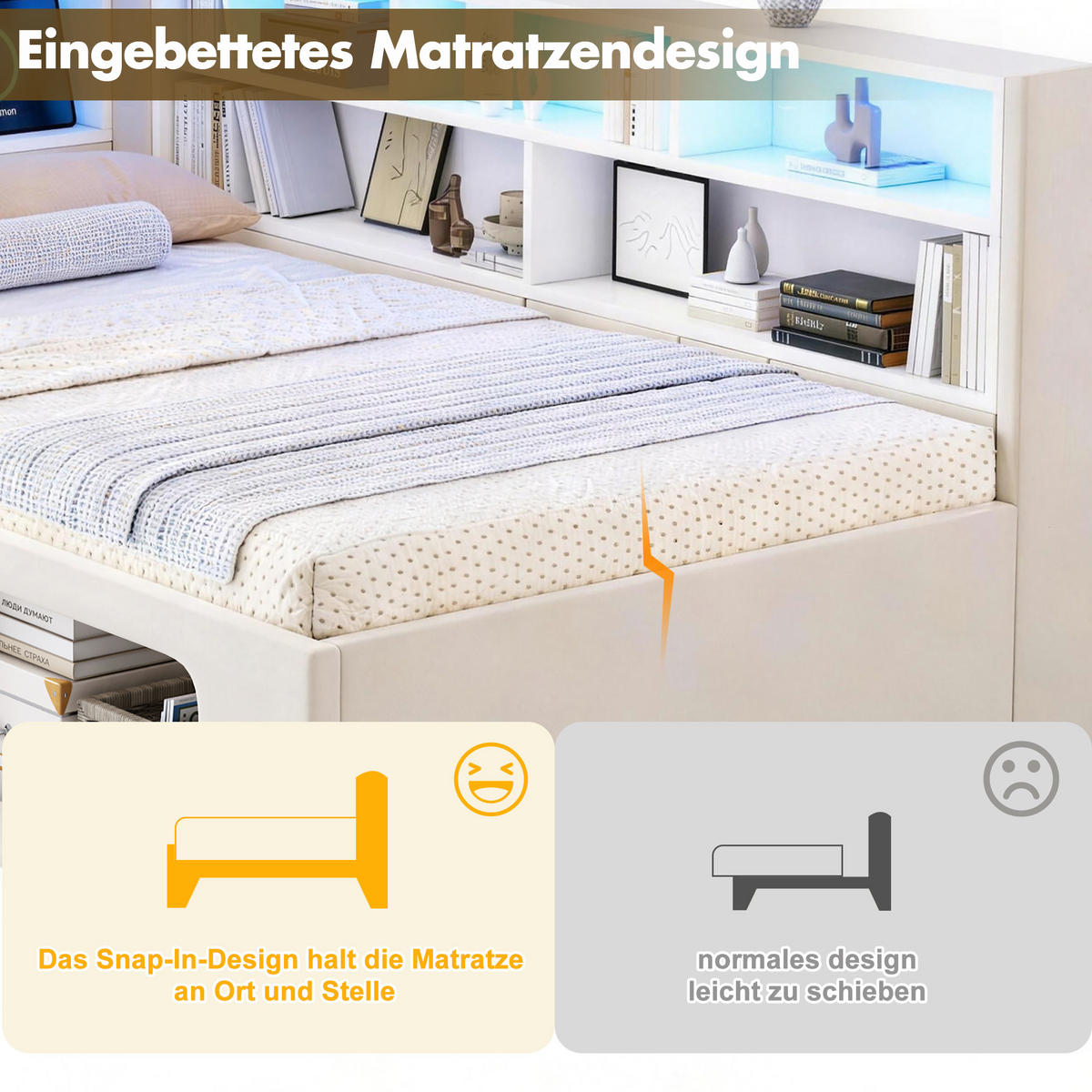 POLSTERBETT aus Samt 90x200 cm in Beige mit LED & USB/Type-C - Beige, Textil (90/200cm) - Modfu