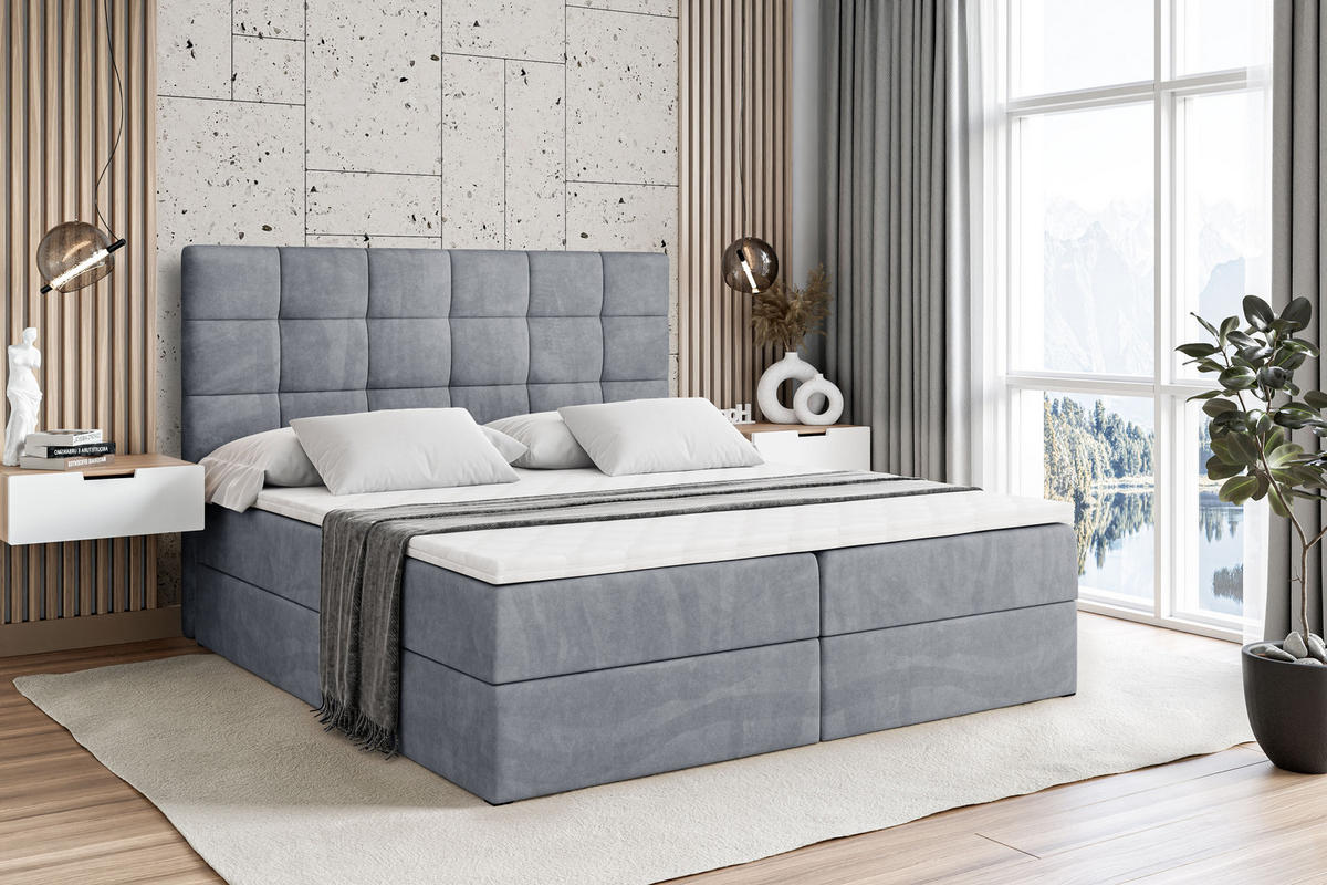 BOXBETT mit H4-Matratze und Lattenrost - BRUGO - 200x200 Grau - Grau, Holzwerkstoff (200/200cm) - ALTDECOR