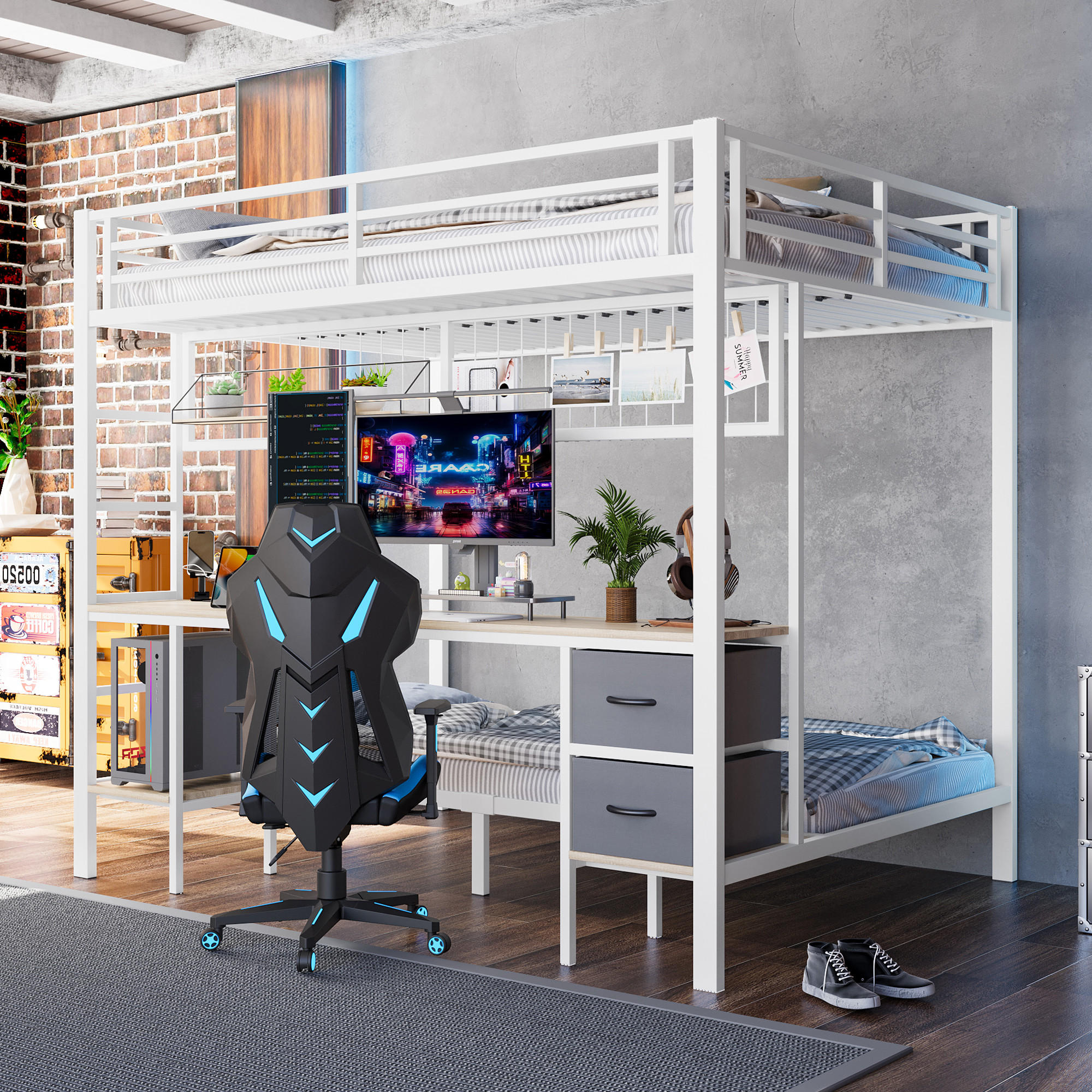 HOCHBETT 90x200 und 140x200cm Mit 7-farbiger LED-Leiste, USB-Anschluss, ohne Matratze, Weiß - Weiß, Metall (140/200cm) - KOMHTOM