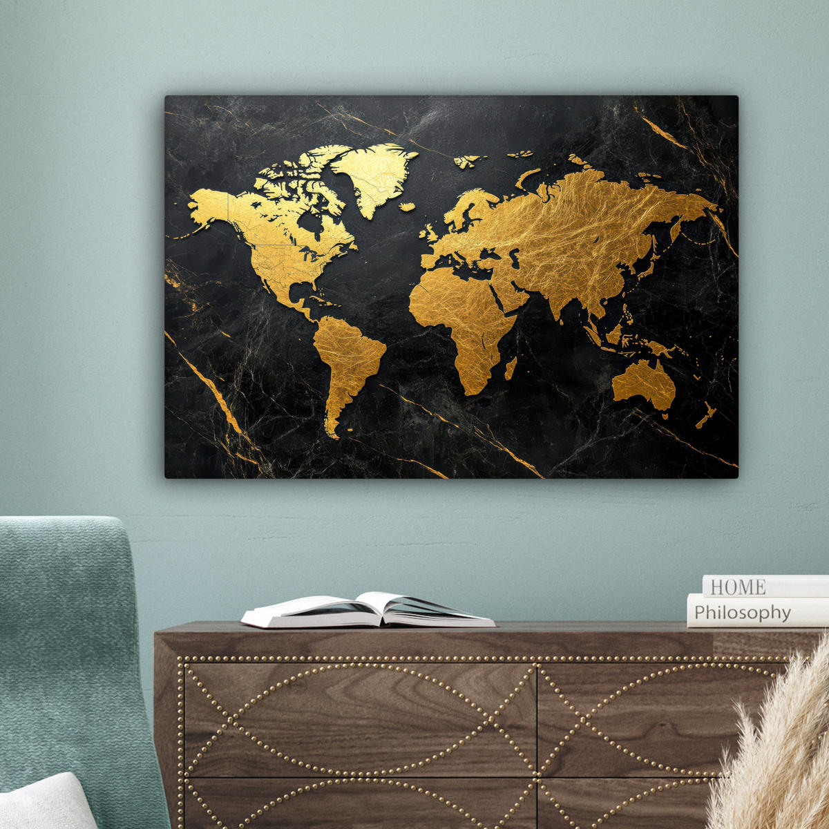 LEINWANDBILD Weltkarte - Gold - Marmor Wanddeko 90x60 cm - Goldfarben, Textil (90/60cm) - MuchoWow