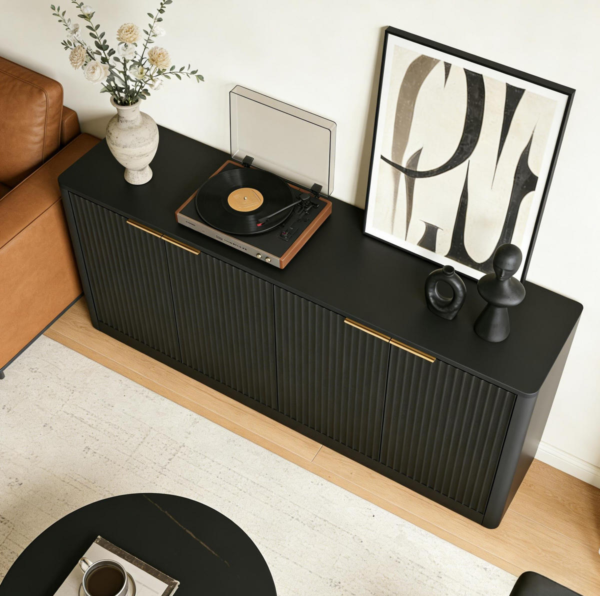 SIDEBOARD 150/40/70,5 cm in Schwarz mit 4 Türen und Wellenfront - Schwarz, Holzwerkstoff (150/70.5/40cm) - Flora Grace