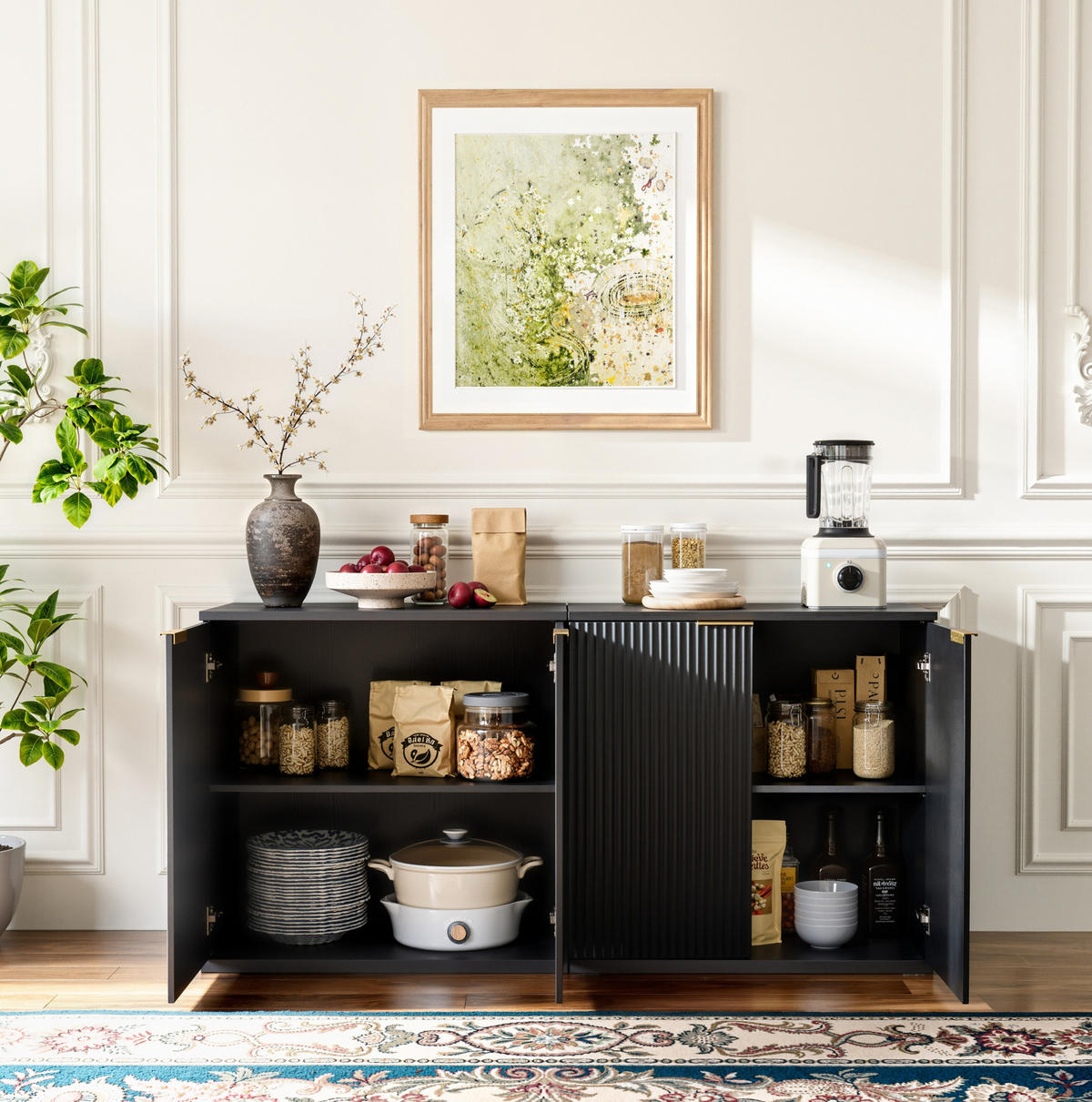 SIDEBOARD 40/80/80 cm mit 2 Türen, geräumigem Stauraum und Faltenfront aus MDF, Schwarz - Schwarz, Holzwerkstoff (80/80/40cm) - Redom