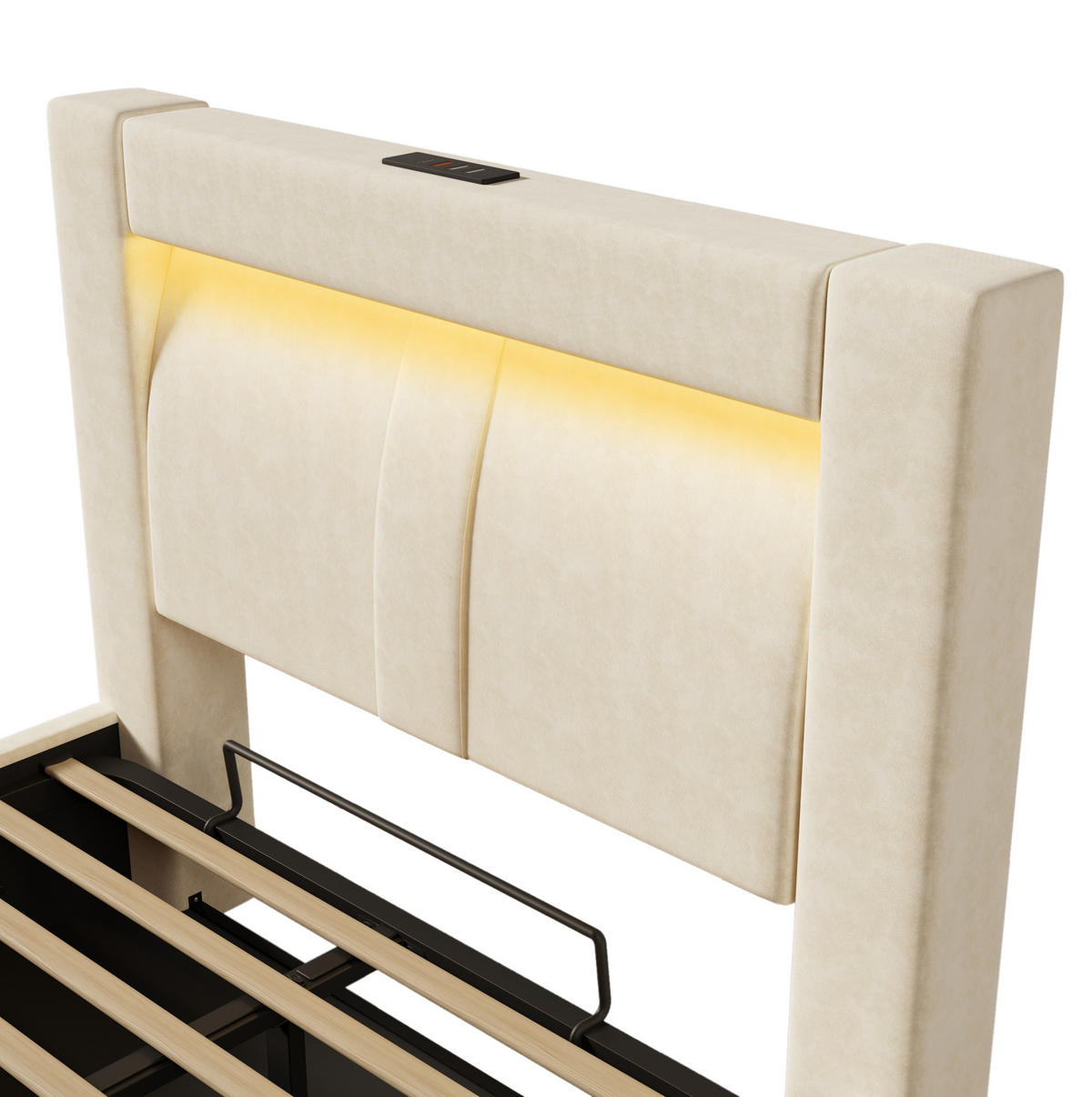 POLSTERBETT 90/200 cm Beige aus Samt mit Stauraum und LED - Beige, Textil (90/200cm) - OKMYHOME
