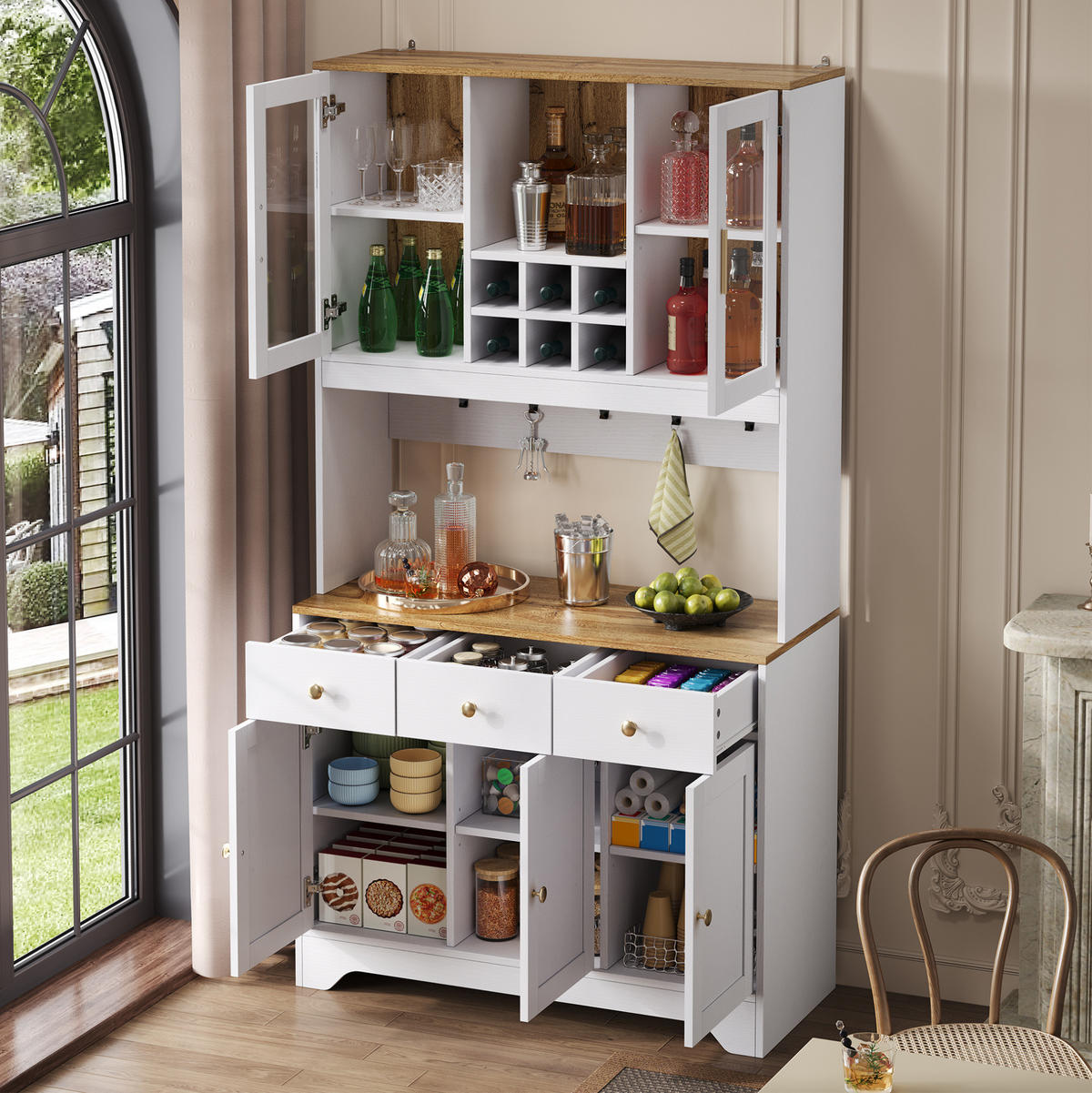 HIGHBOARD 94,5/30/175,5 cm mit 5 Türen und 3 Schubladen in Weiß-Holzmaserung - Weiß, Holzwerkstoff (94.5/175.5/30cm) - BEAOK