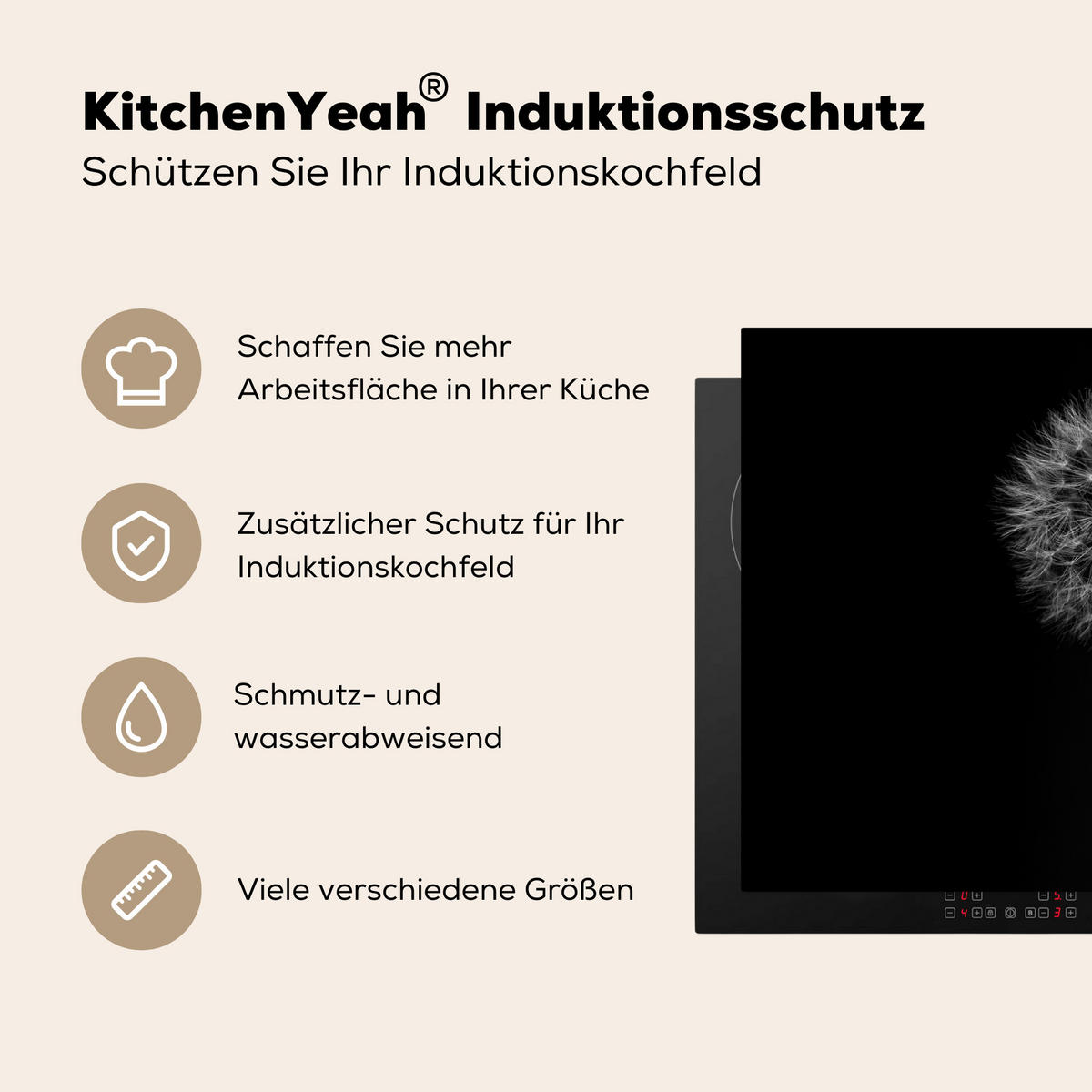 HERDABDECKPLATTE Löwenzahn - Schwarz - Floral - Botanisch Induktionsmatte 77x51 cm - Grau, Kunststoff (77/51/0.2cm) - MuchoWow