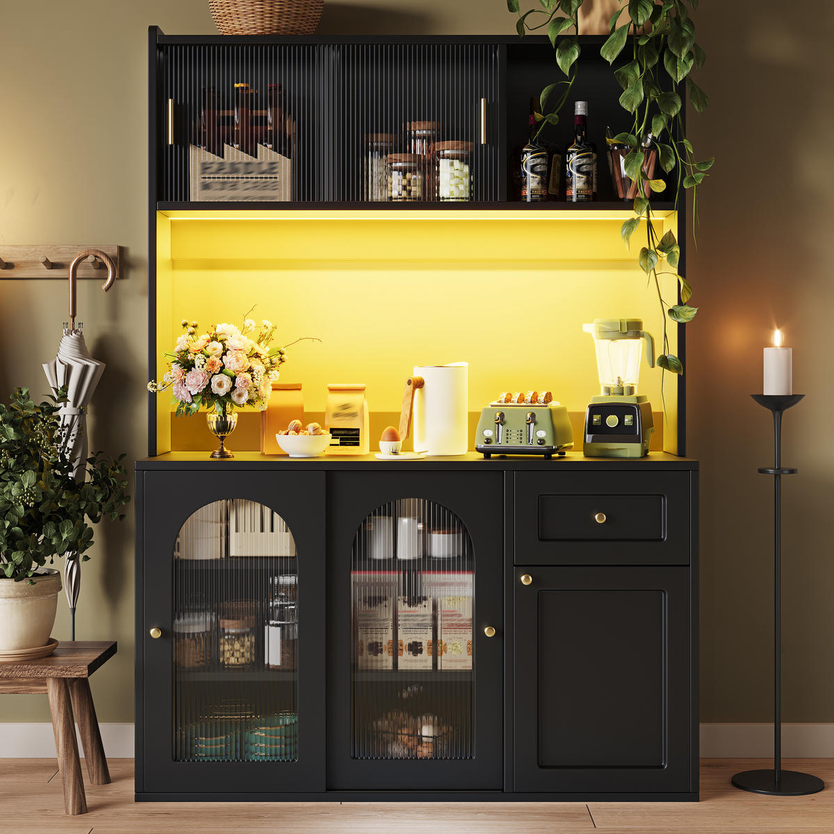 KÜCHENSCHRANK Hochschrank LED Verstellbare Ablagen Schwarz - Schwarz, Holzwerkstoff (120/167/35cm) - FLIEKS