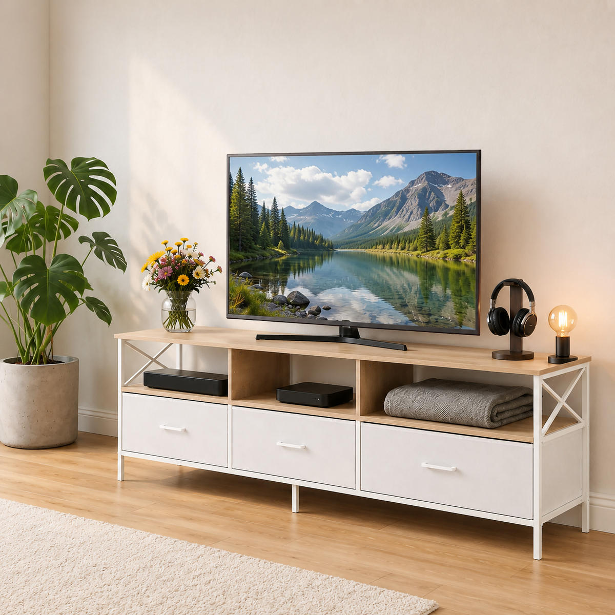 TV-KOMODA bijela imitacija drva ladice od tkanine 170 cm - višebojno, drvni materijal/metal (170/50/40cm) - Relaxdays