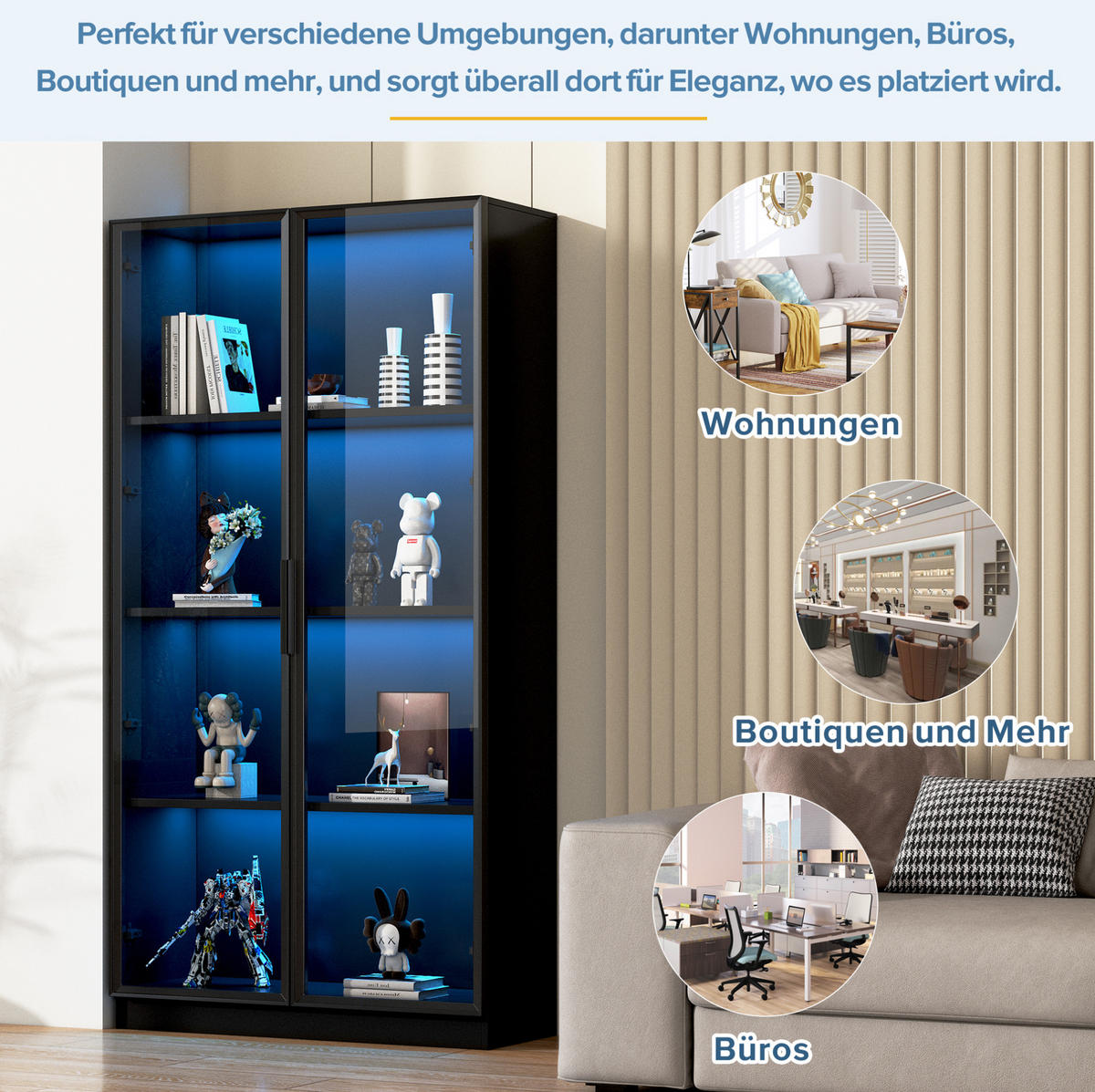 VITRINENSCHRANK mit LED-Beleuchtung 4-türig Schwarz mit Glastüren - Schwarz, Holzwerkstoff (40/160/160cm) - Beauniv