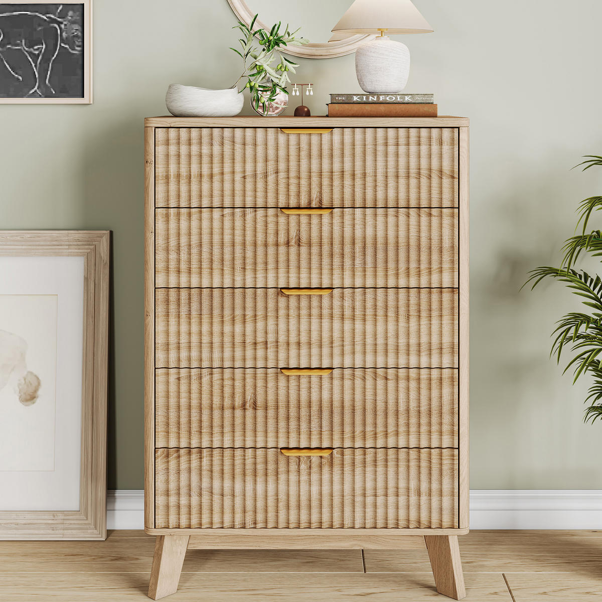 KOMMODE 5 Schubladen Holzoptik, Rillenstruktur, Goldgriffe - Multicolor, Holz (40/108/73cm) - SHOPENTRA
