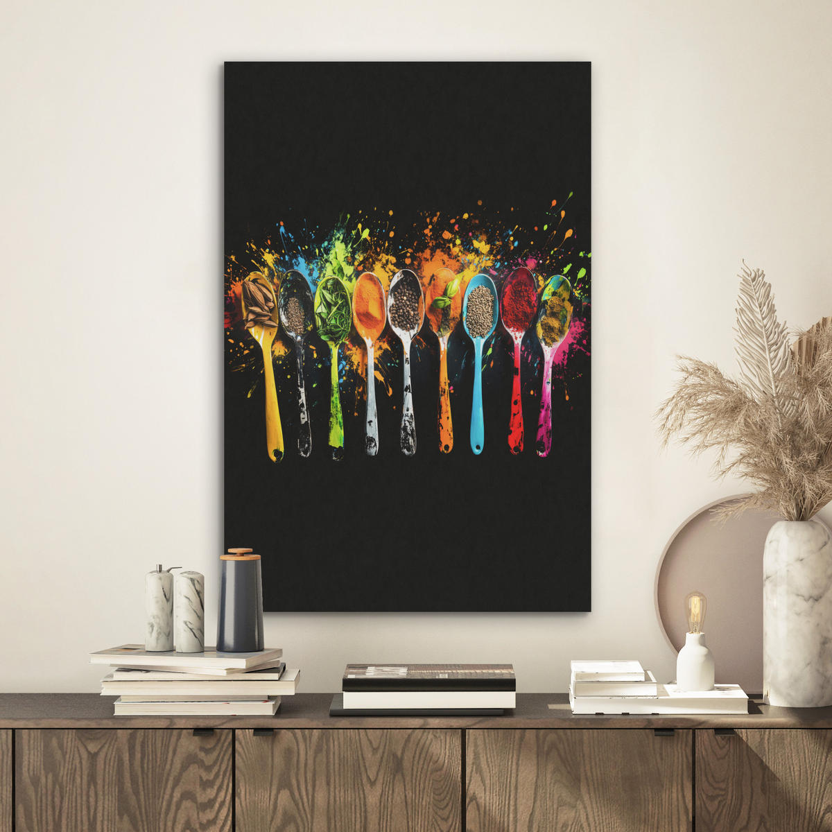 AKUSTIKBILD Löffel - Gewürze - Modern - Graffiti - Farbe - Farbenfroh Kunstdruck Schlafzimmer 50x70 cm - Multicolor, Kunststoff (50/70/0.9cm) - MuchoWow