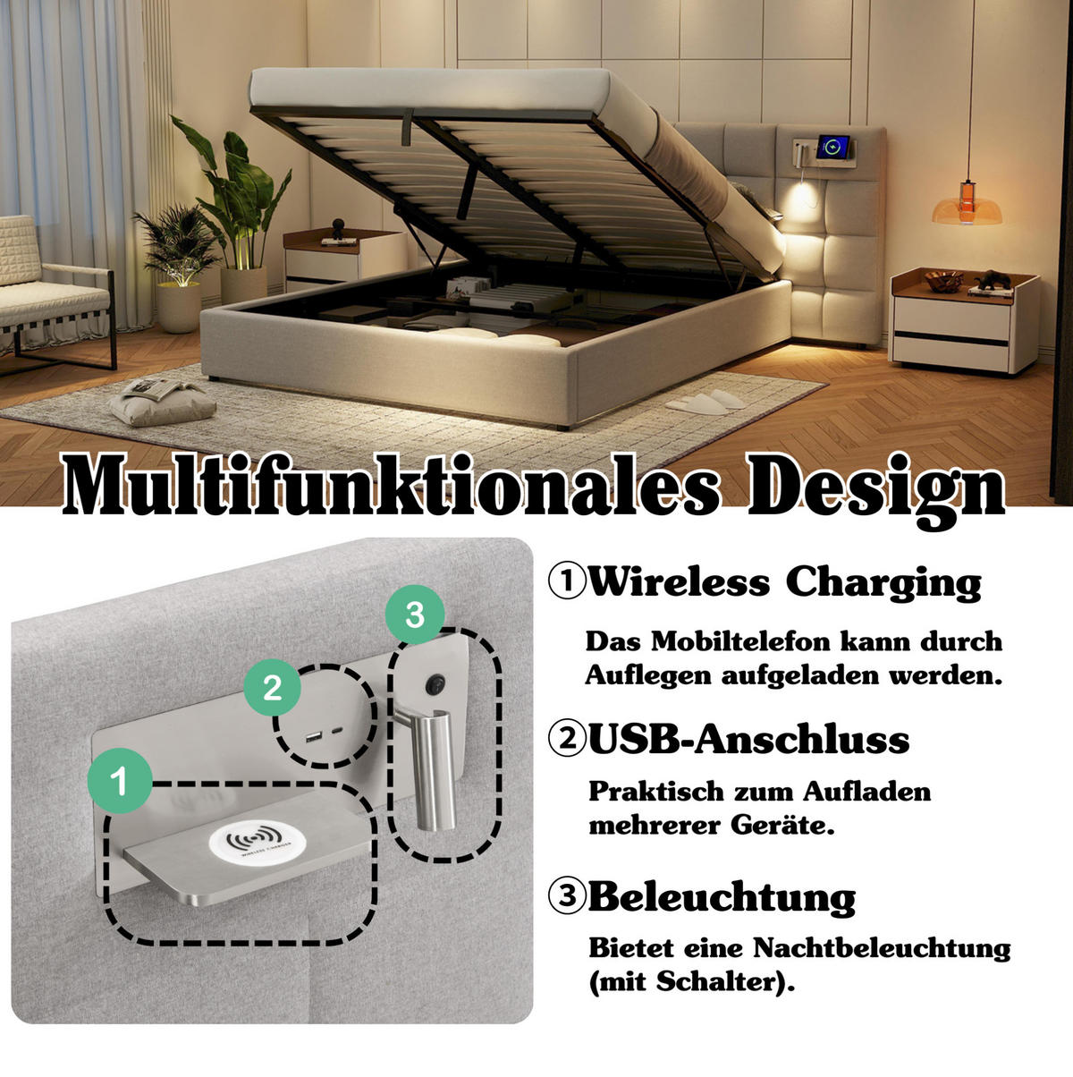 POLSTERBETT 180/200 cm Grau aus Leinen mit Stauraum - Grau, Textil (180/200cm) - OKMYHOME