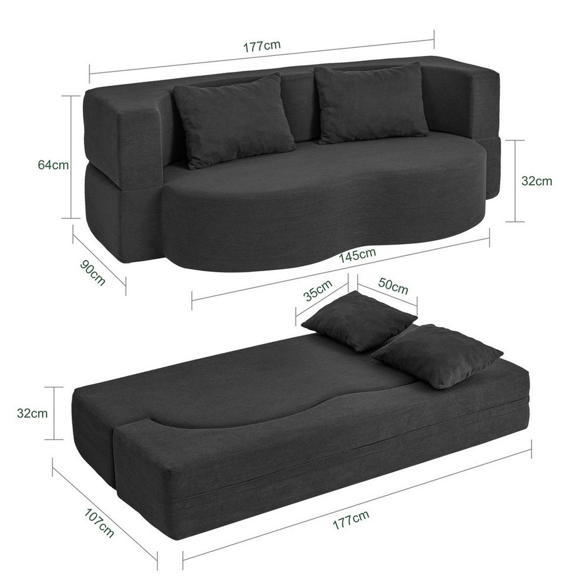 SOFA ausziehbar mit Kordstoffbezug FST101-SCH - Schwarz, Textil/Metall (177/32/107cm) - SoBuy
