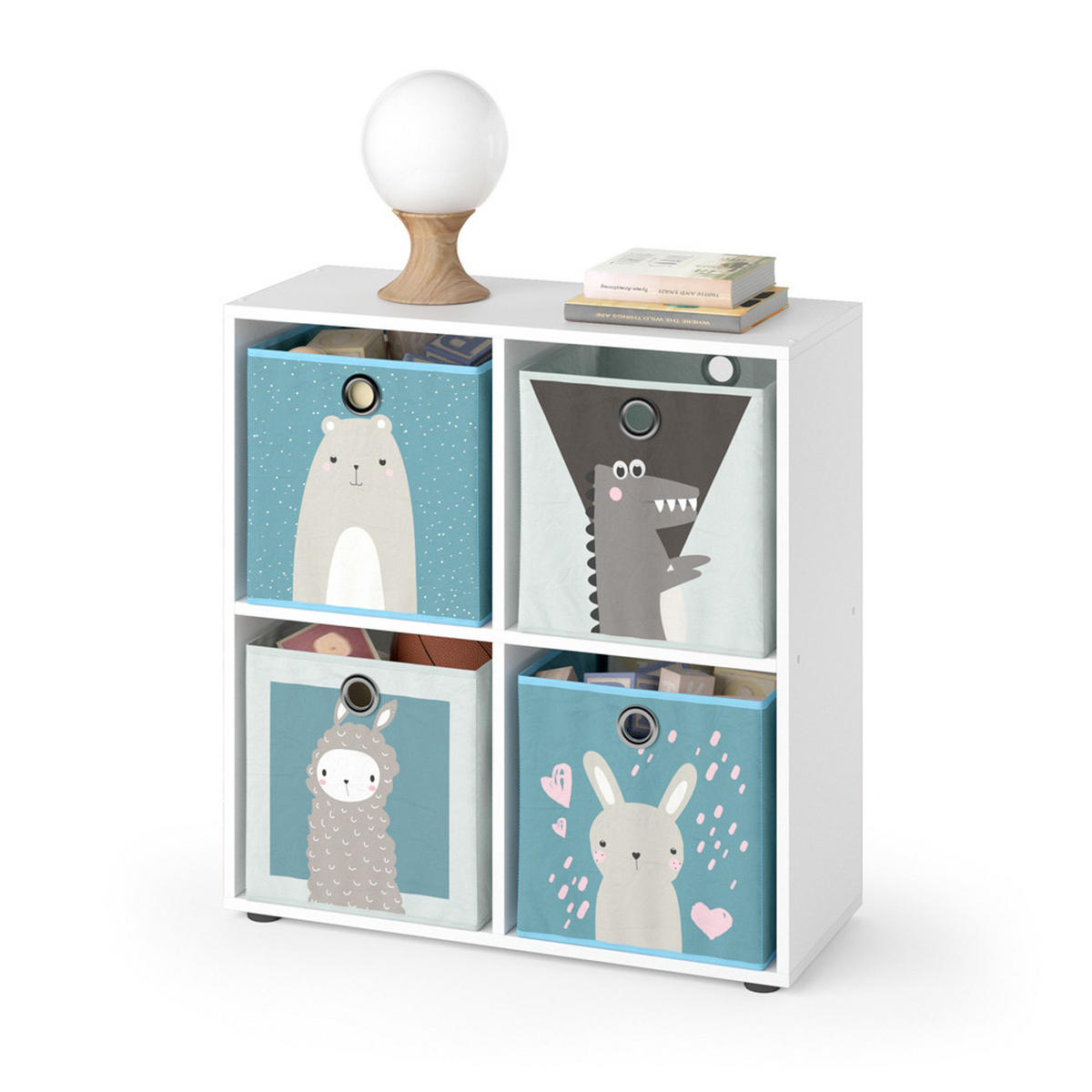 KINDERREGAL Tetra Weiß 72.6 x 72 cm mit 4 Faltboxen (grau/blau) - Weiß, Holzwerkstoff (72.6/72/29cm) - Vicco