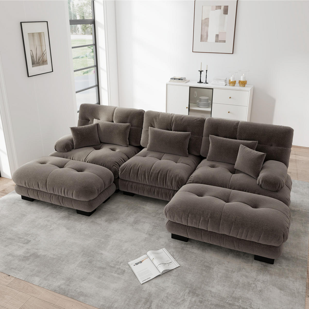 WOHNLANDSCHAFT 5-Sitzer Chenille Braun mit Kissen und Ottomane - Braun, Textil (313/81/145cm) - WISHDOR