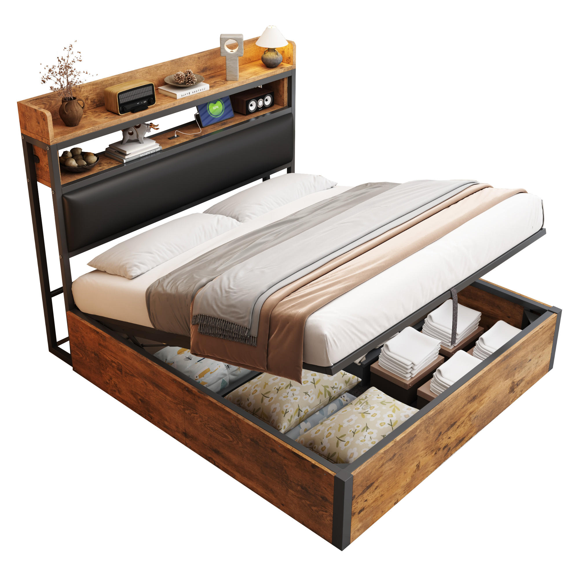 POLSTERBETT 140/200 cm in Schwarz Stoff mit Bettkasten, USB und Ablage - Schwarz, Holzwerkstoff/Textil (140/200cm) - WISHDOR