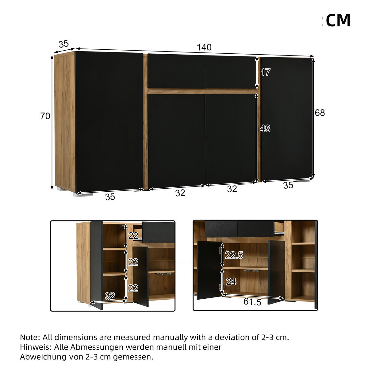 SIDEBOARD 140/35/70 cm mit 4 Türen, 2 Schubladen und verstellbaren Einlegeböden in Schwarz-Holzoptik - Schwarz/Naturfarben, Holzwerkstoff (140/70/35cm) - CHICFURN