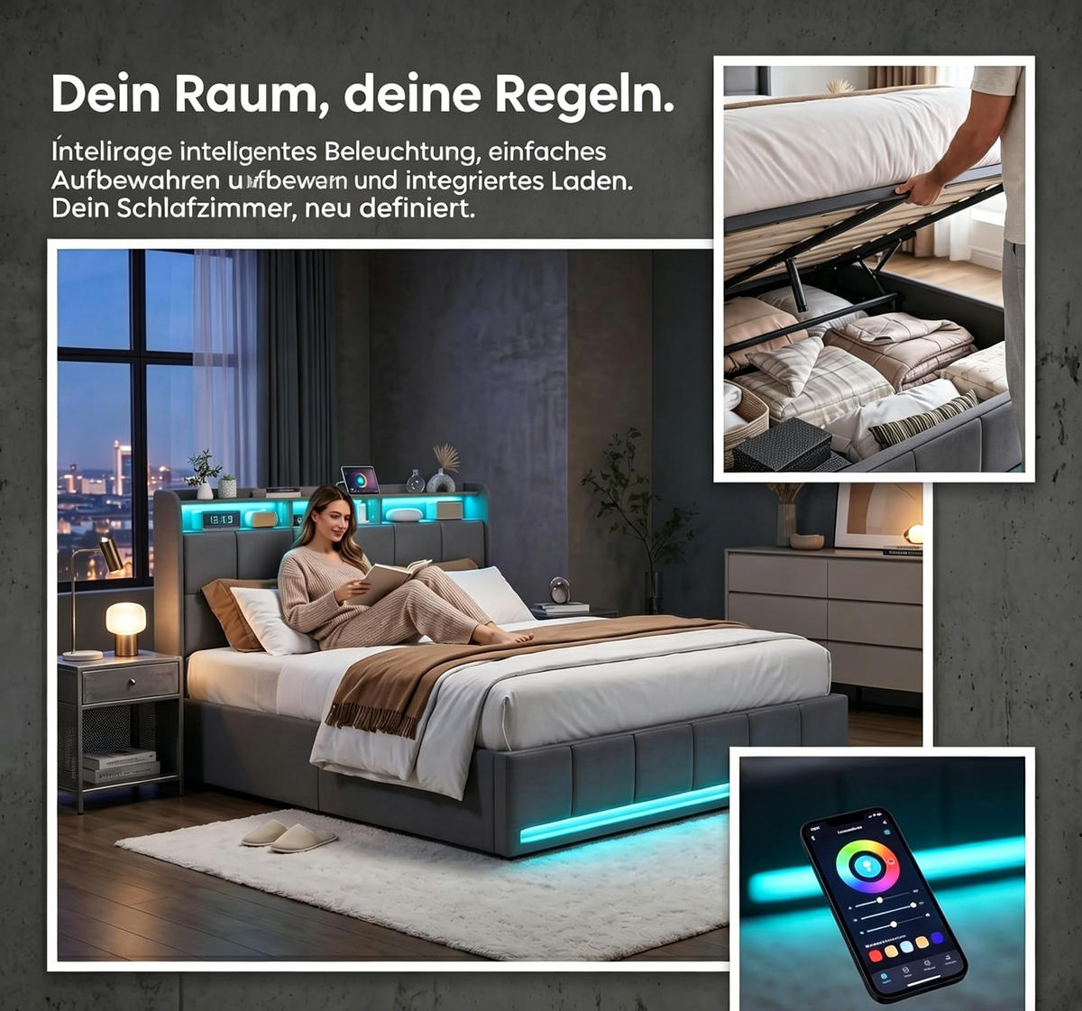 POLSTERBETT 140/200 cm, Doppelbett Leinen mit RGB-LED und Ladestation Grau - Grau, Holz/Textil (140/200cm) - PARAFTA HOME