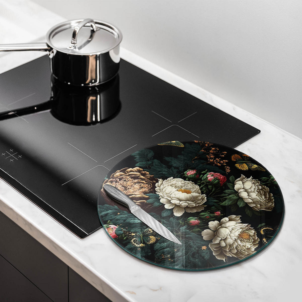 GLASPLATTE Ø 40 cm Vintage Pfingstrosen Blumen - Multicolor, Glas (40/40cm) - Wallfluent