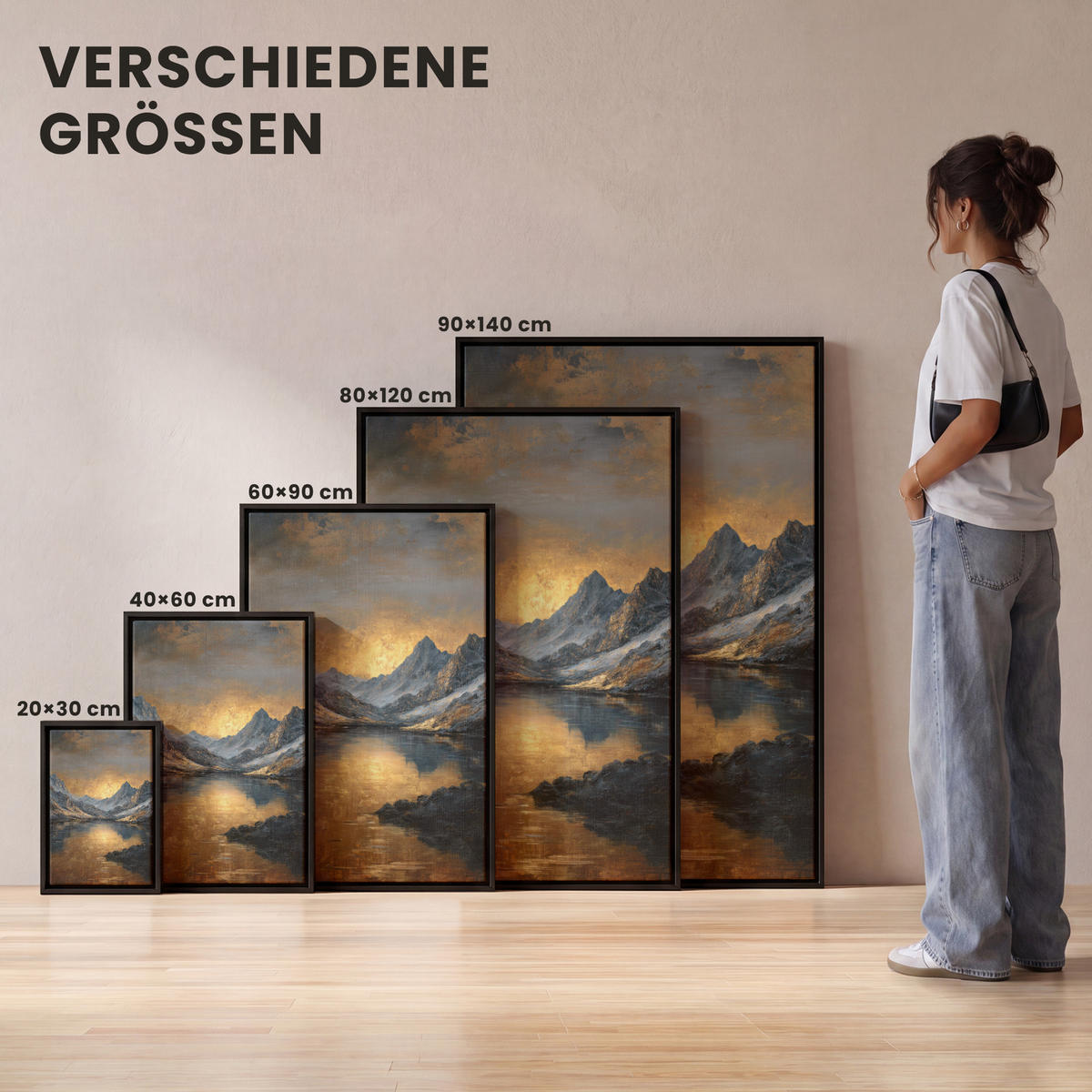 LEINWAND Bilder mit Rahmen - Bergkulisse mit goldenem Sonnenuntergang - 40x60 - Goldfarben, Textil (40/60cm) - MuchoWow