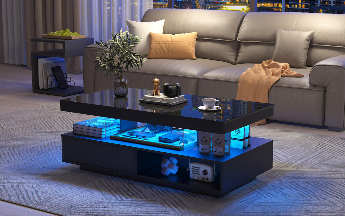COUCHTISCH aus Spanplatte 95x50x42,5 cm Schwarz mit LED-Beleuchtung, 2 Schubladen und offenen Fächern - Schwarz, Holzwerkstoff (95/50/42.5cm) - IVMEU