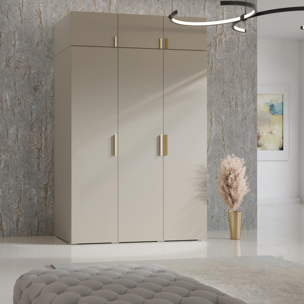 DREHTÜRENSCHRANK mit Aufsatz Napoli 3D 150 Kaschmir (schwarzer oder goldener Griff) - Kaschmir/Silberfarben, Holzwerkstoff/Kunststoff (150/35/60cm) - mzm24