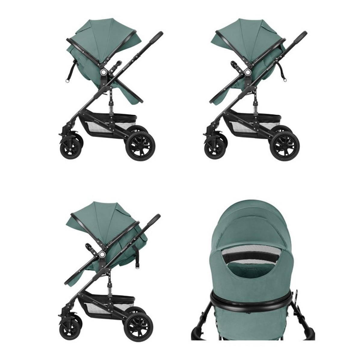 KOMBIKINDERWAGEN Amaia 3 in 1 grün Size Babyschale umbaubar Federung Tasche - Grün, Metall (86/50/107cm) - Kikka boo