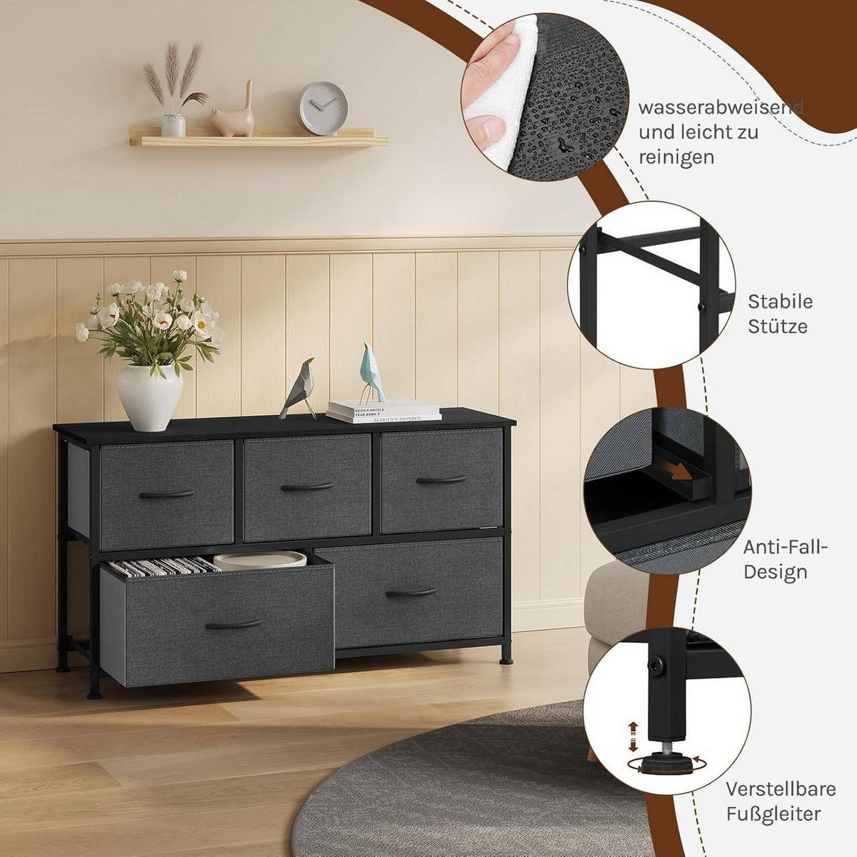 KOMMODENSCHRANK mit 5 Schubladen aus Holzwerkstoff ,Metallrahmen,Schwarz + Dunkelgrau - Dunkelgrau/Schwarz, Holzwerkstoff/Metall (100/54/30cm) - Woltu