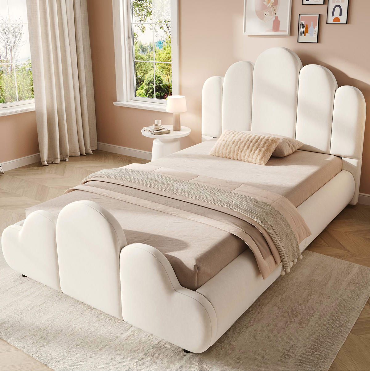 KINDERBETT 90x200 cm in Beige mit Samtbezug und abgerundetem Wolken-Design - Beige, Textil (90/200cm) - IVMEU