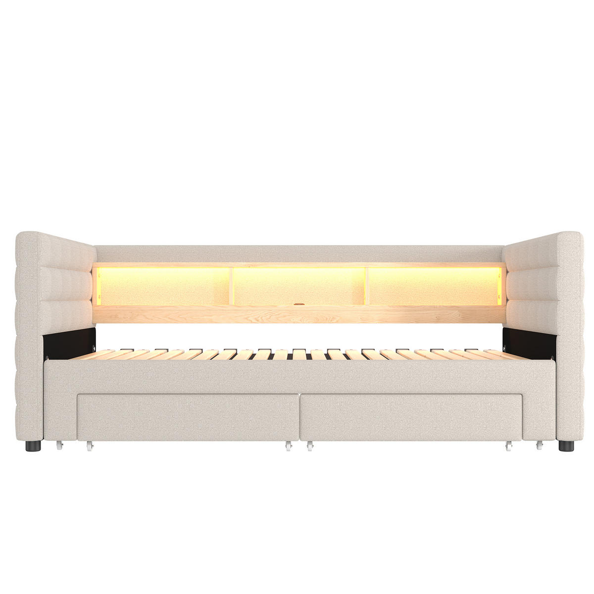 TAGEBETT 90x190cm Beige Samt Ausziehbett 2 Schubladen USB-C LED-Licht - Beige, Holz (90/190cm) - FLIEKS
