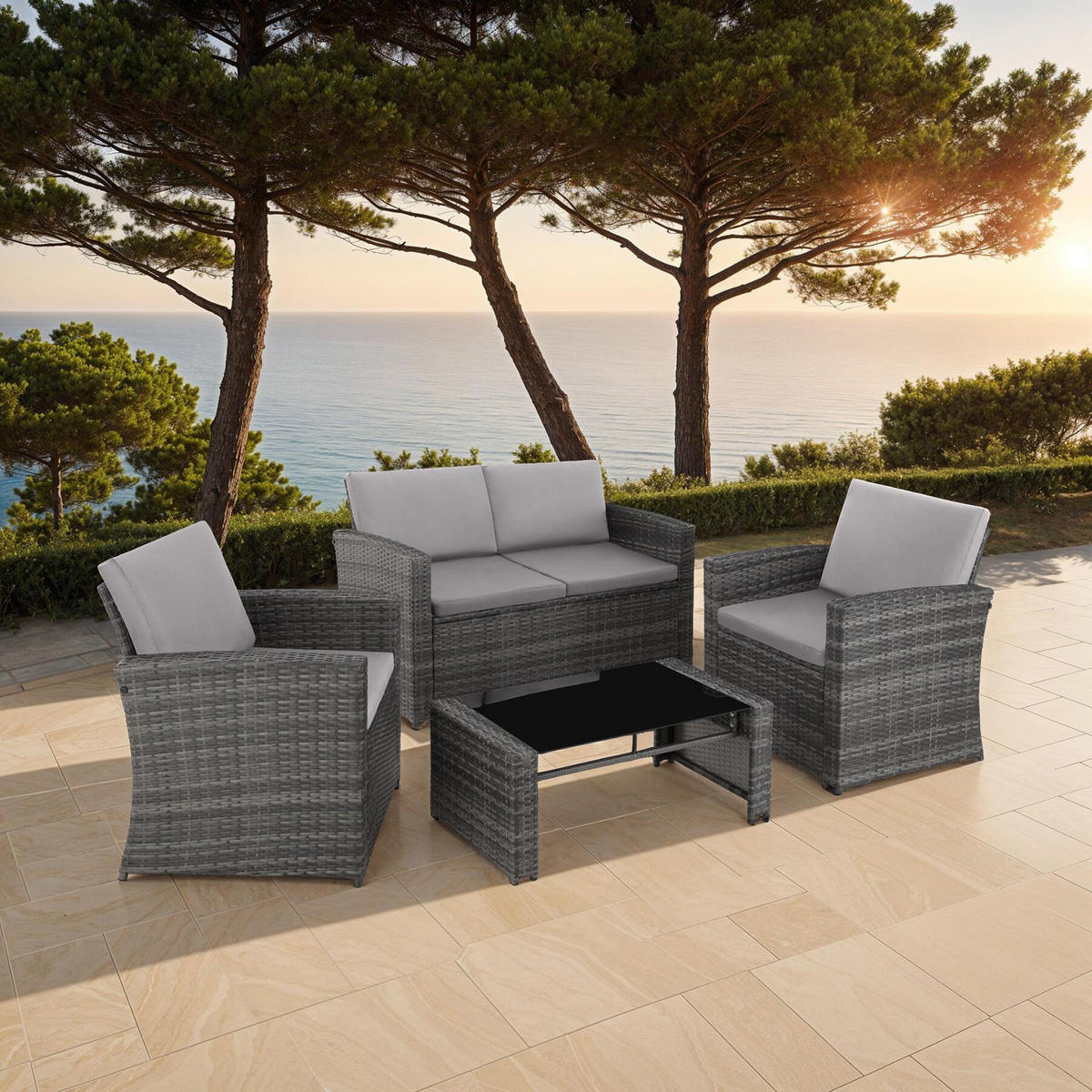 RATTANLOUNGE Jesolo, mit Sicherheitsglasplatte, grau/hellgrau - Grau, Kunststoff - tectake