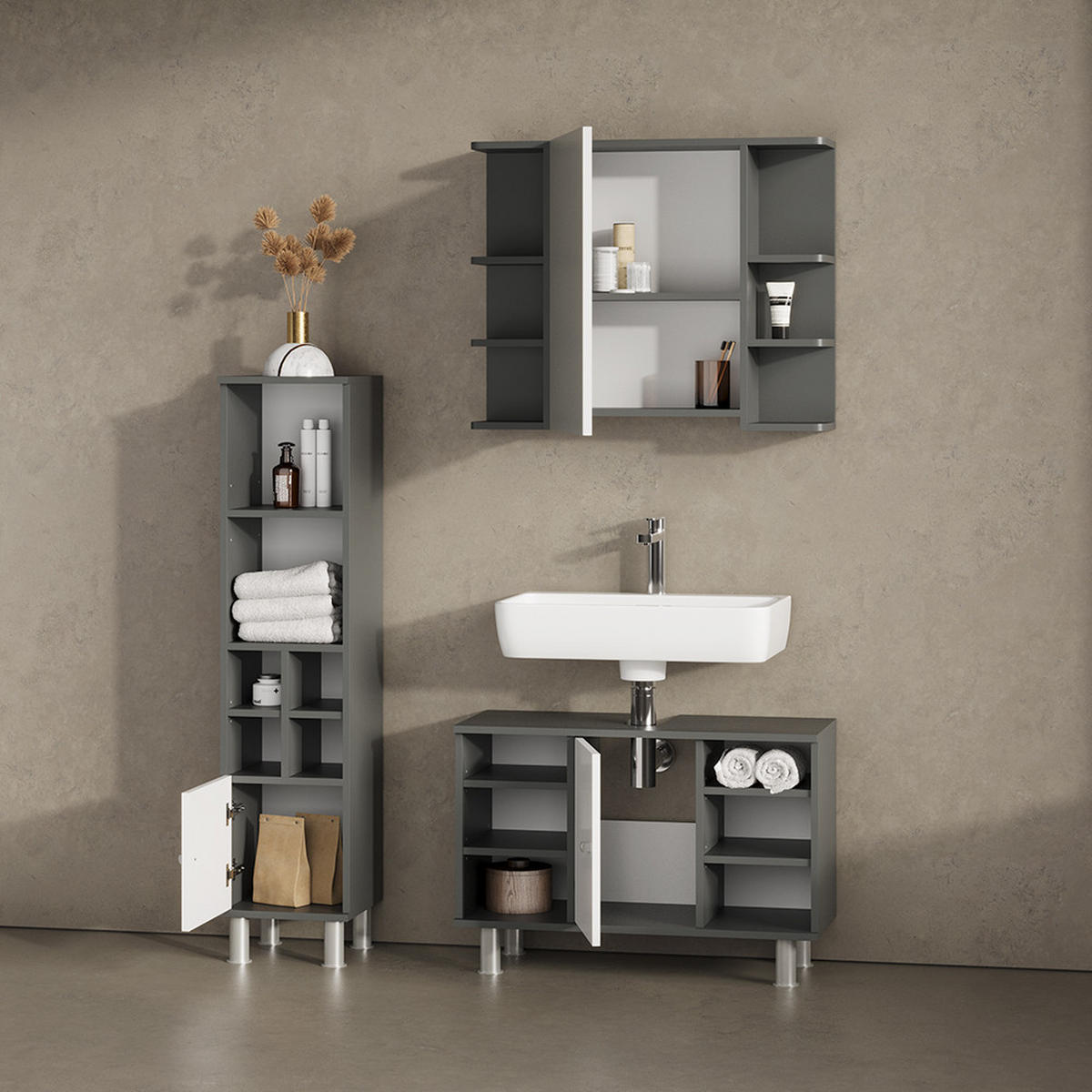 BADMÖBEL-SET Fucino Anthrazit 2 Teile, Unterschrank 80 cm - Anthrazit/Weiß, Holzwerkstoff (80/54/32cm) - Livinity®