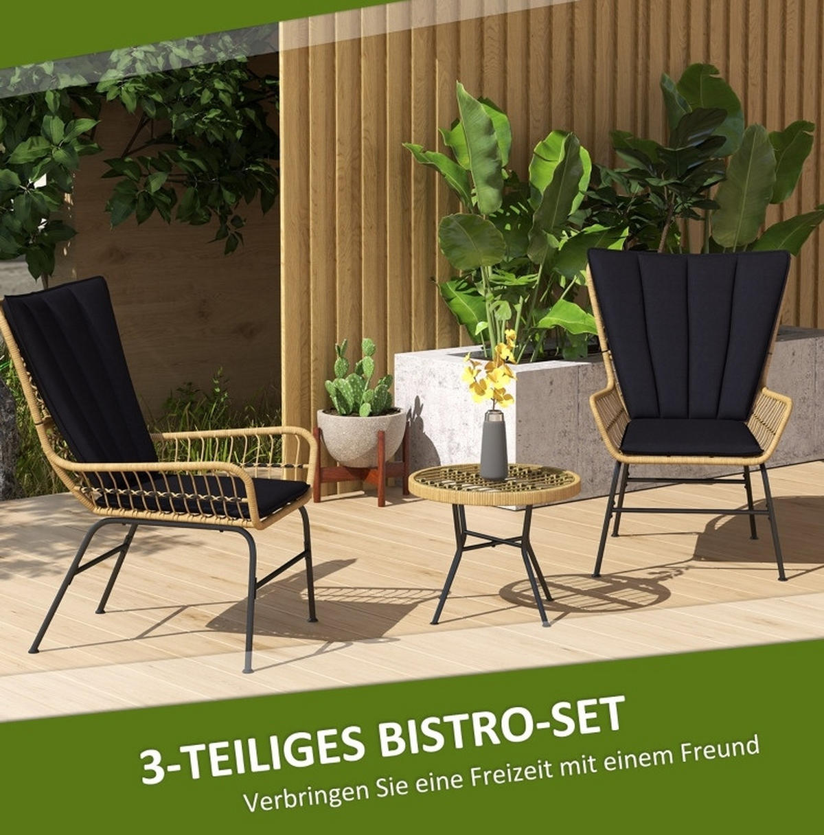 GARTENMÖBEL-SET 78/68/95 cm schwarz aus Rattan mit Tisch und Kissen - Schwarz, Naturmaterialen - OKWISH