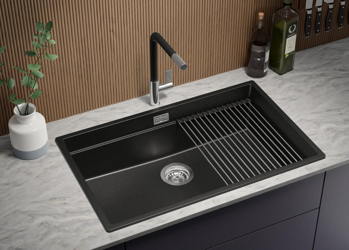 SPÜLBECKEN Praga Slim, 2-er set Schwarz Metallic 76/47 cm 1 Becken + Ablauf-Set + Aufrollbare Abtropffläche ab 80er Unterschrank - Chromfarben/Schwarz Hochglanz, Kunststoff (76/20/47cm) - Primagran