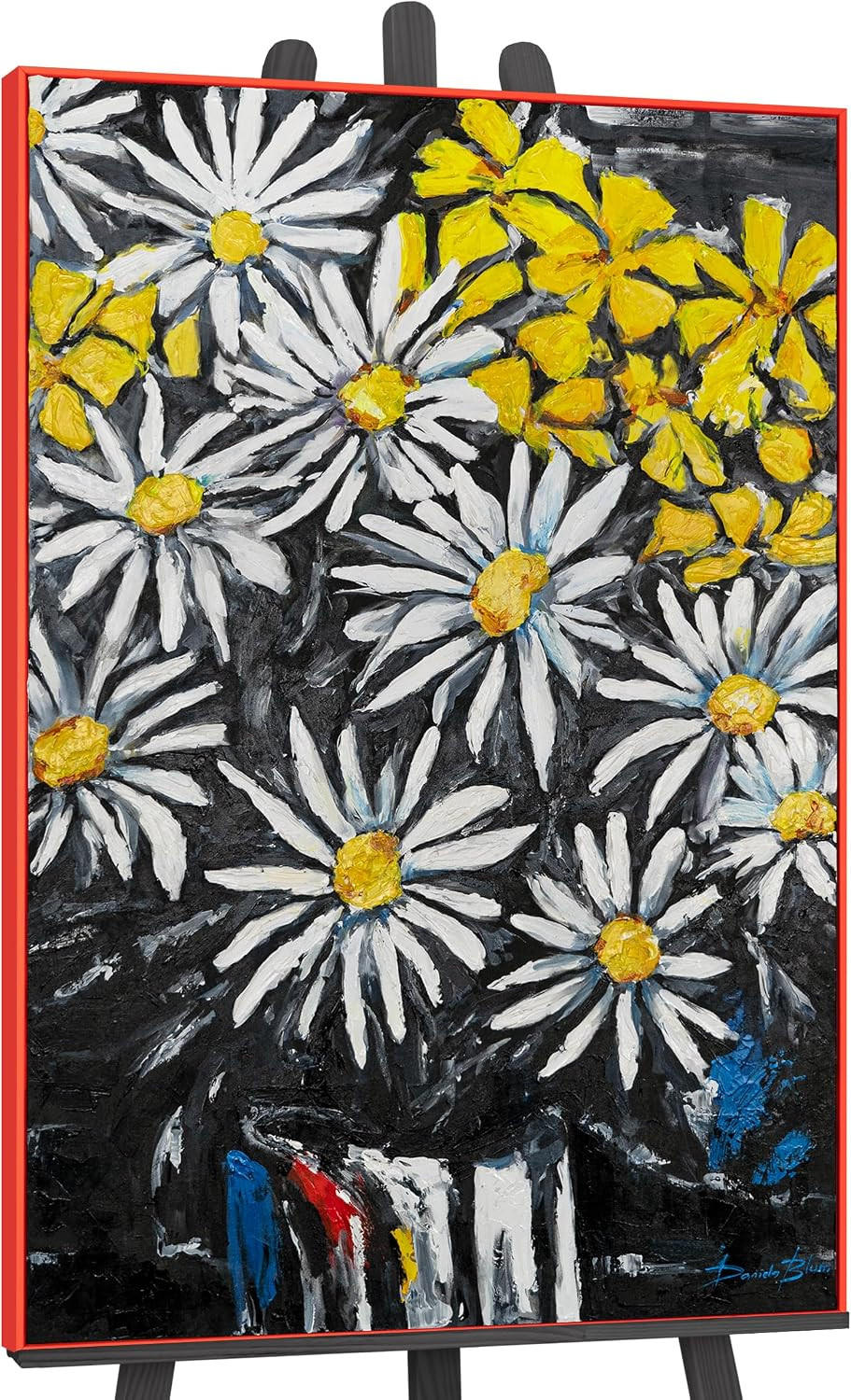 GEMÄLDE Schneeweiße Margeriten Schattenfugenrahmen Rot 120x80 cm - Rot, Holz (120/80cm) - YS-art gallery