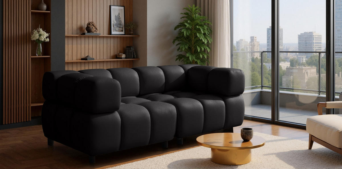 SOFA 3-Sitzer Modular, Couch, Veloursstoff Bluvel, Schwarz, Bolla - Schwarz, Holz (192/71/96cm) - Kaiser Möbel