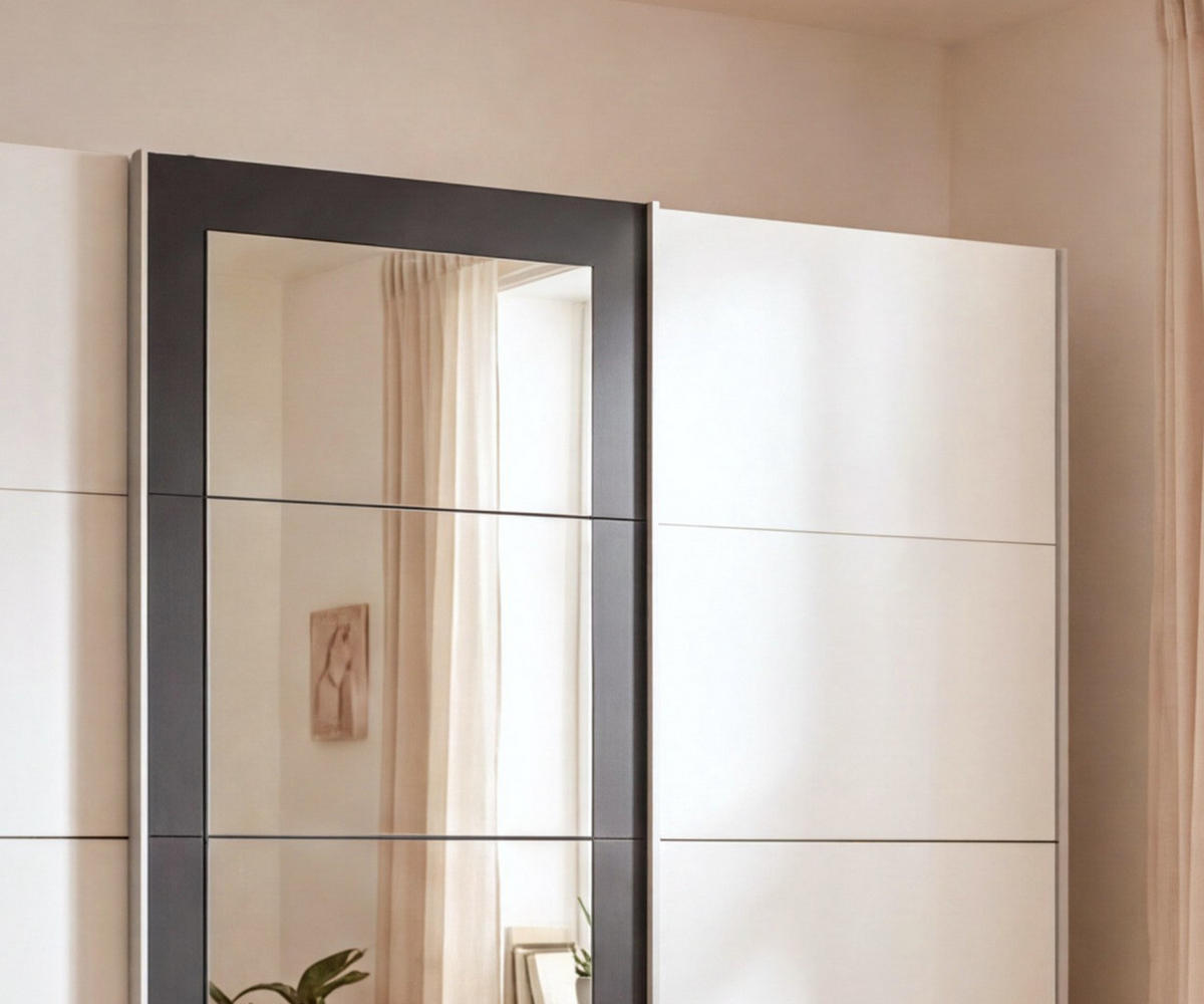 SCHWEBETÜRENSCHRANK 3-türig B270/H208/64 cm Kleiderschrank in Weiß, Spiegel umrahmt in Grafit, Griffe Weiß / 22629 - Weiß, Holzwerkstoff/Metall (270/208/64cm) - luma-home