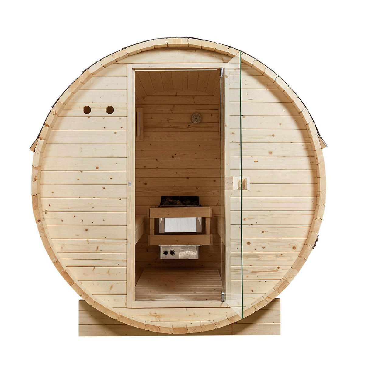FASSSAUNA Spitzbergen 220 cm mit 8 kW Saunaofen (6 Personen) - Naturfarben, Holz (191/193/220cm) - Artsauna