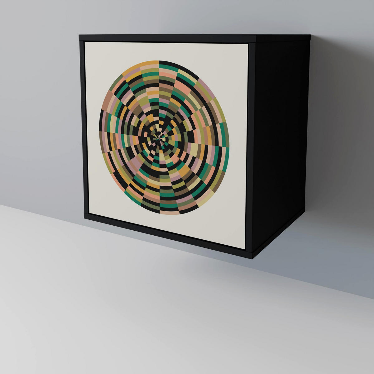 SIDEBOARD GREEN CIRCLES, Schwarz, 57,5x42x70,5 cm, Schwarze Metall-Sternfüße - Multicolor/Schwarz, Holzwerkstoff/Metall (57.5/70.5/42cm) - SpaceRebels