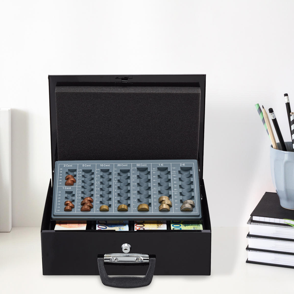 GELDKASSETTE Euro-Münzzählbrett - Schwarz, Kunststoff/Metall (36/11.5/28.5cm) - Relaxdays
