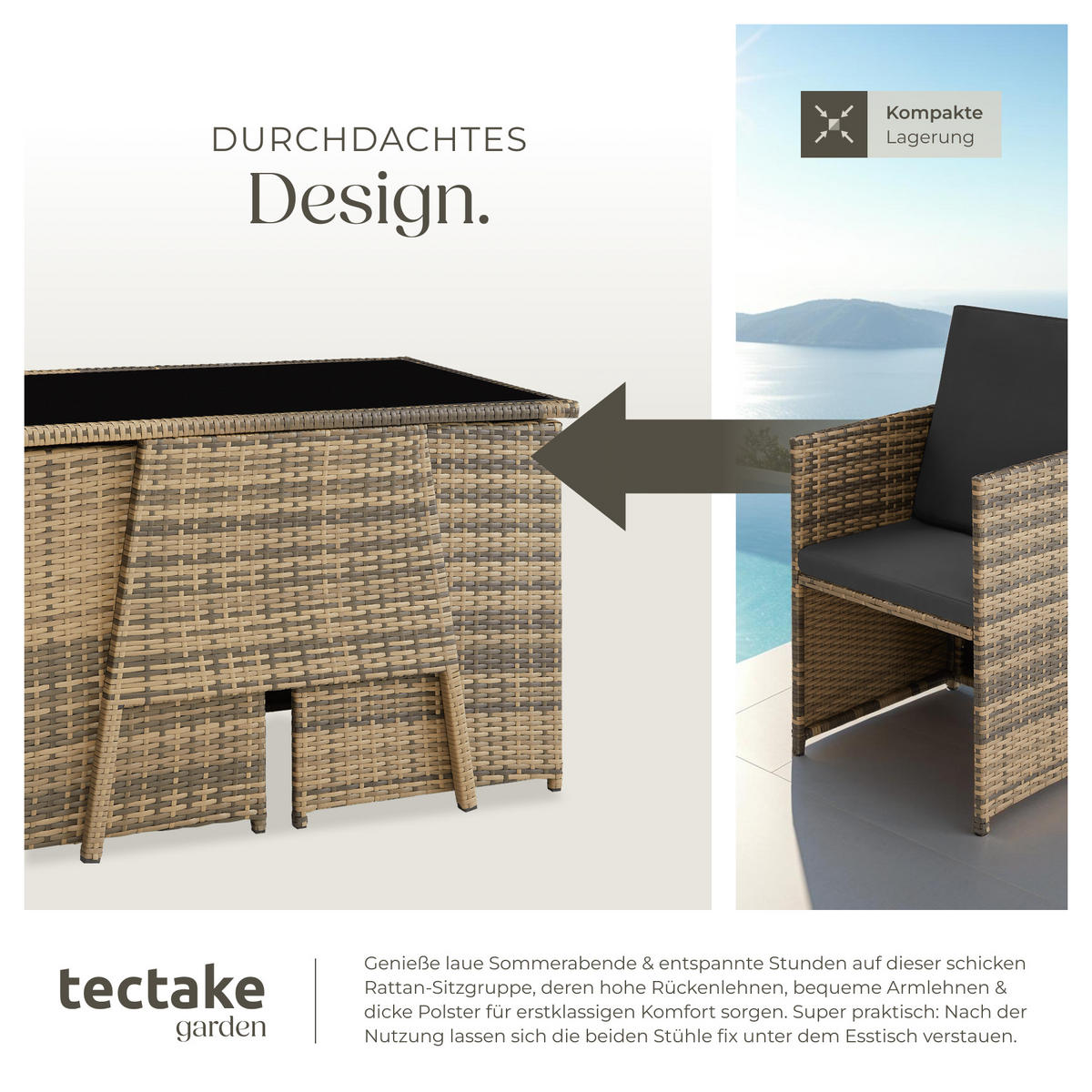 RATTAN SITZGRUPPE Lausanne,zusammenschiebbar,natur - Naturfarben, Kunststoff - tectake