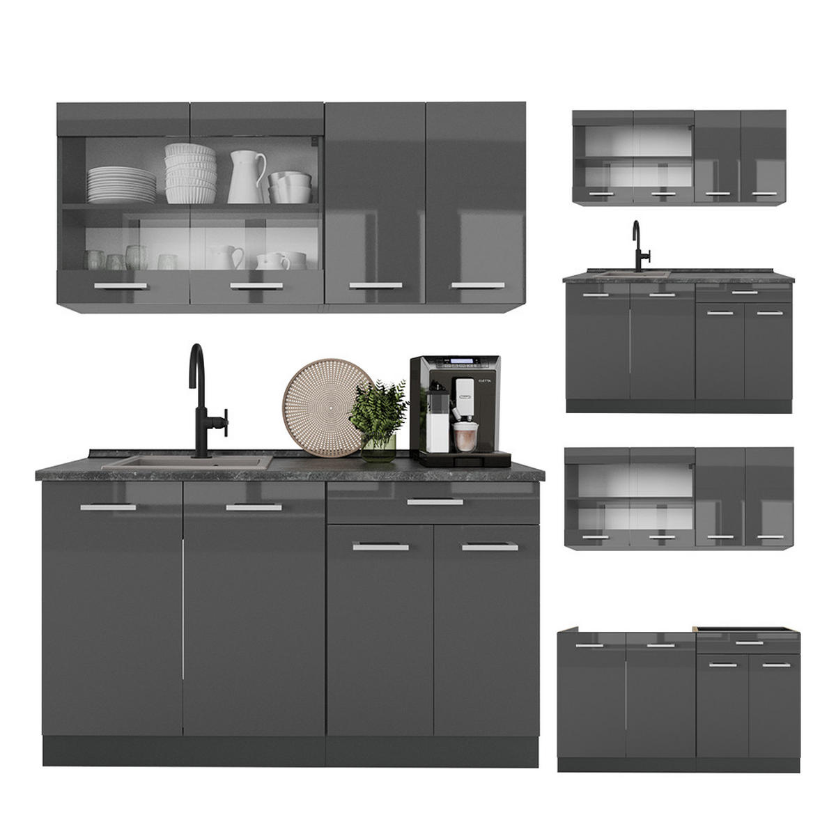 SINGLEKÜCHE R-Line Anthrazit Hochglanz/Anthrazit 140 cm ohne Arbeitsplatte - Anthrazit, Holzwerkstoff (140/81.6/46cm) - Vicco