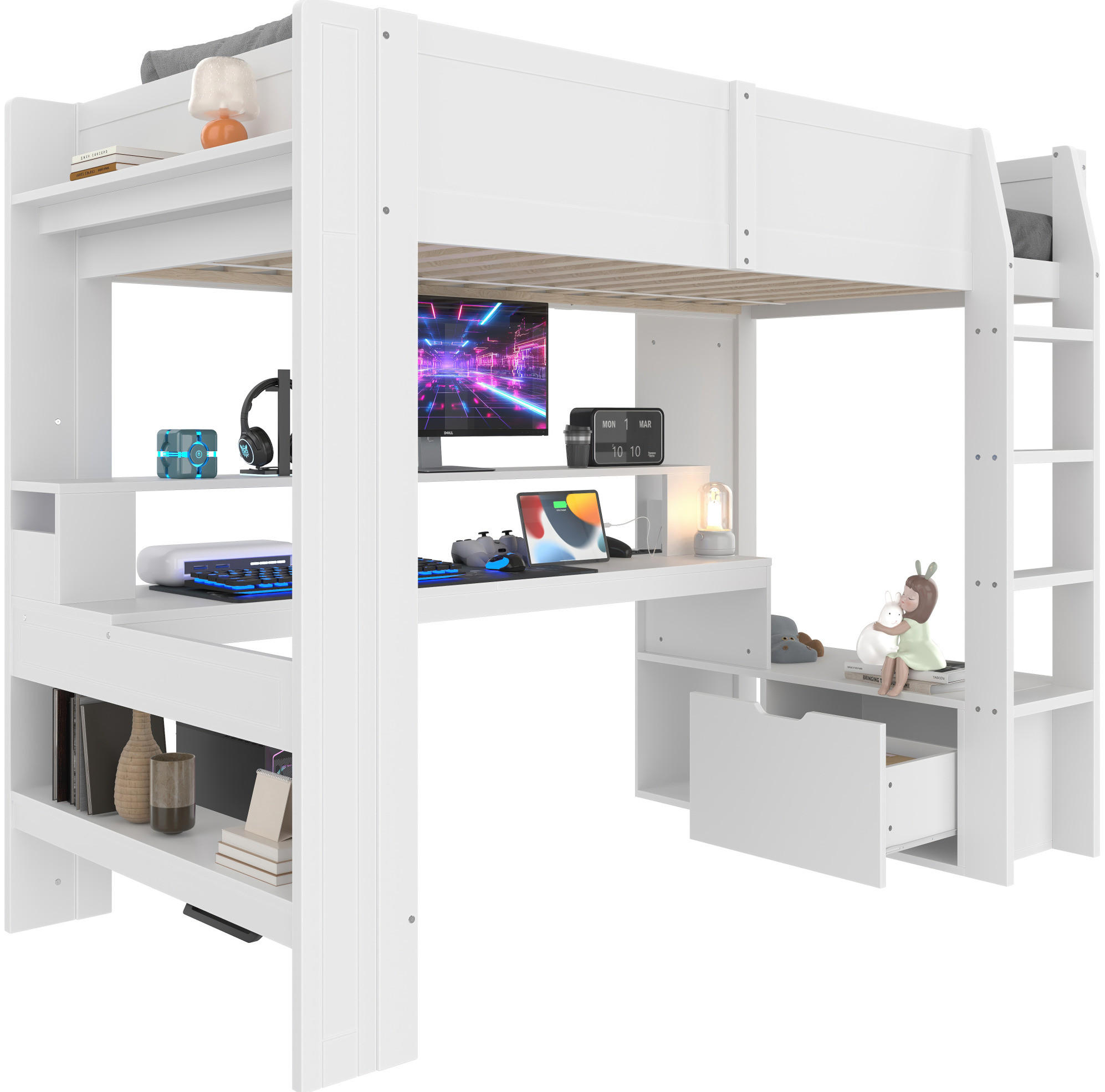 HOCHBETT 90/200 cm mit Schreibtisch, Regal, Schublade und LED-Beleuchtung aus Kiefernholz, Weiß - Weiß, Holz (90/200cm) - Redom